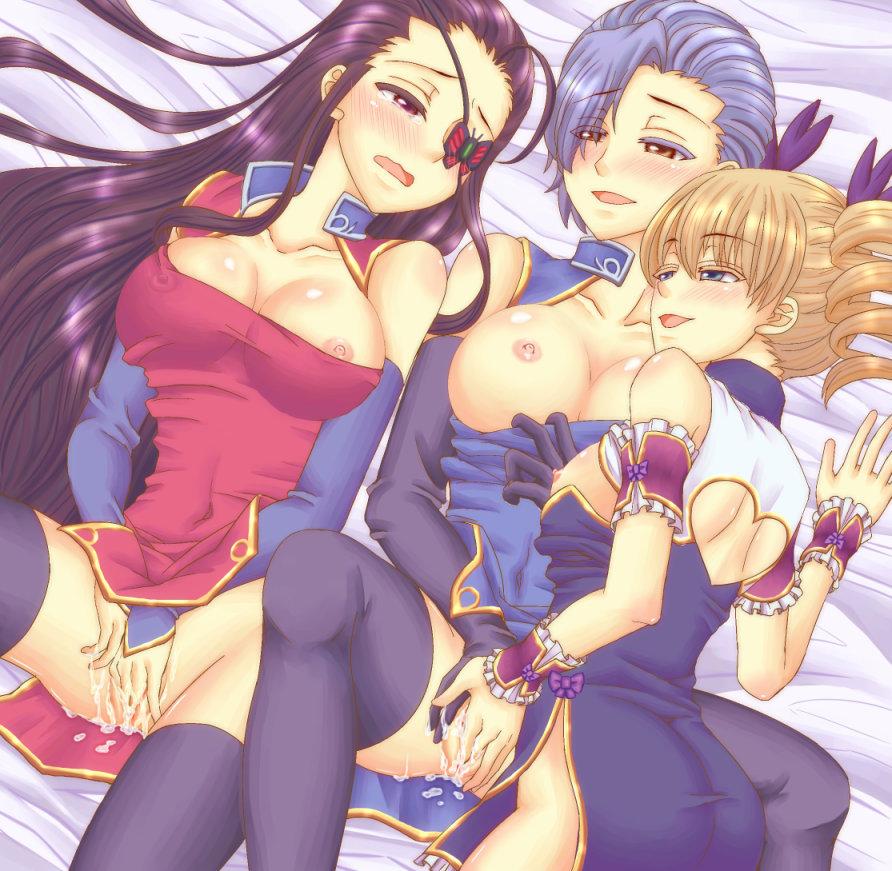 3girls bed black_hair blonde_hair blue_eyes blue_hair blush breasts brown_eyes chinese_girl chinese_girls fingering kakouen_myousai_(koihime) kakouton_genjou koihime†_(series) koihime_musou large_breasts multiple_girls nipples red_eyes sousou_moutoku_(koihime) yuri