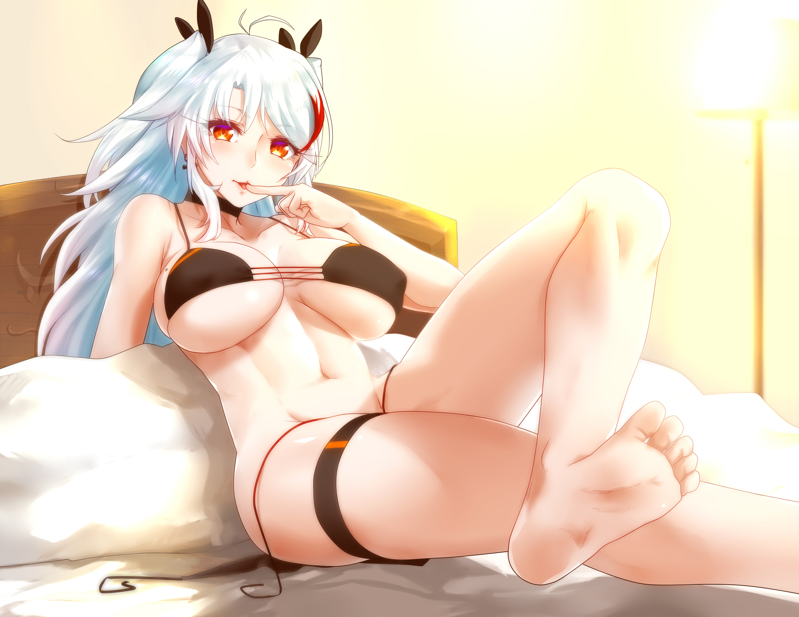 absurdres, azur lane, bare arms, bare legs, bare shoulders, barefoot, bikini, black bikini, breasts, choker, feet, female, finger to mouth, halter top, halterneck, highres, indoors, lamp, large breasts, legs crossed, long hair, looking at viewer, minarai tenna, navel, on bed, pillow, prinz eugen (azur lane), reclining, red eyes, silver hair, soles, solo, swimsuit, thigh strap, toes, underboob, untied, untied bikini