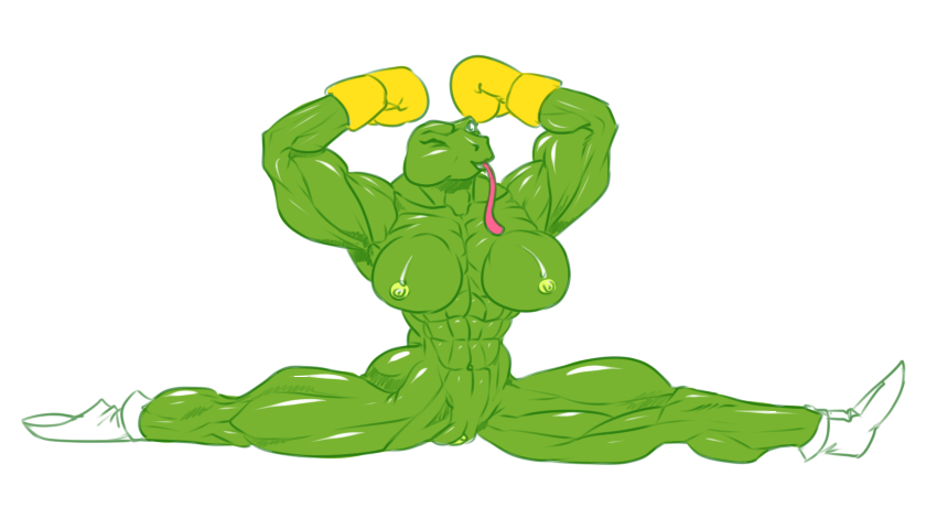 2017 abs amphibian anthro biceps big_breasts boots boxing_gloves breasts clothing female flexing footwear frog gloves hellbridge long_tongue mostly_nude muscular muscular_female nipples one_eye_closed pussy simple_background solo tongue tongue_out white_background wink yellow_boxing_gloves yellow_gloves