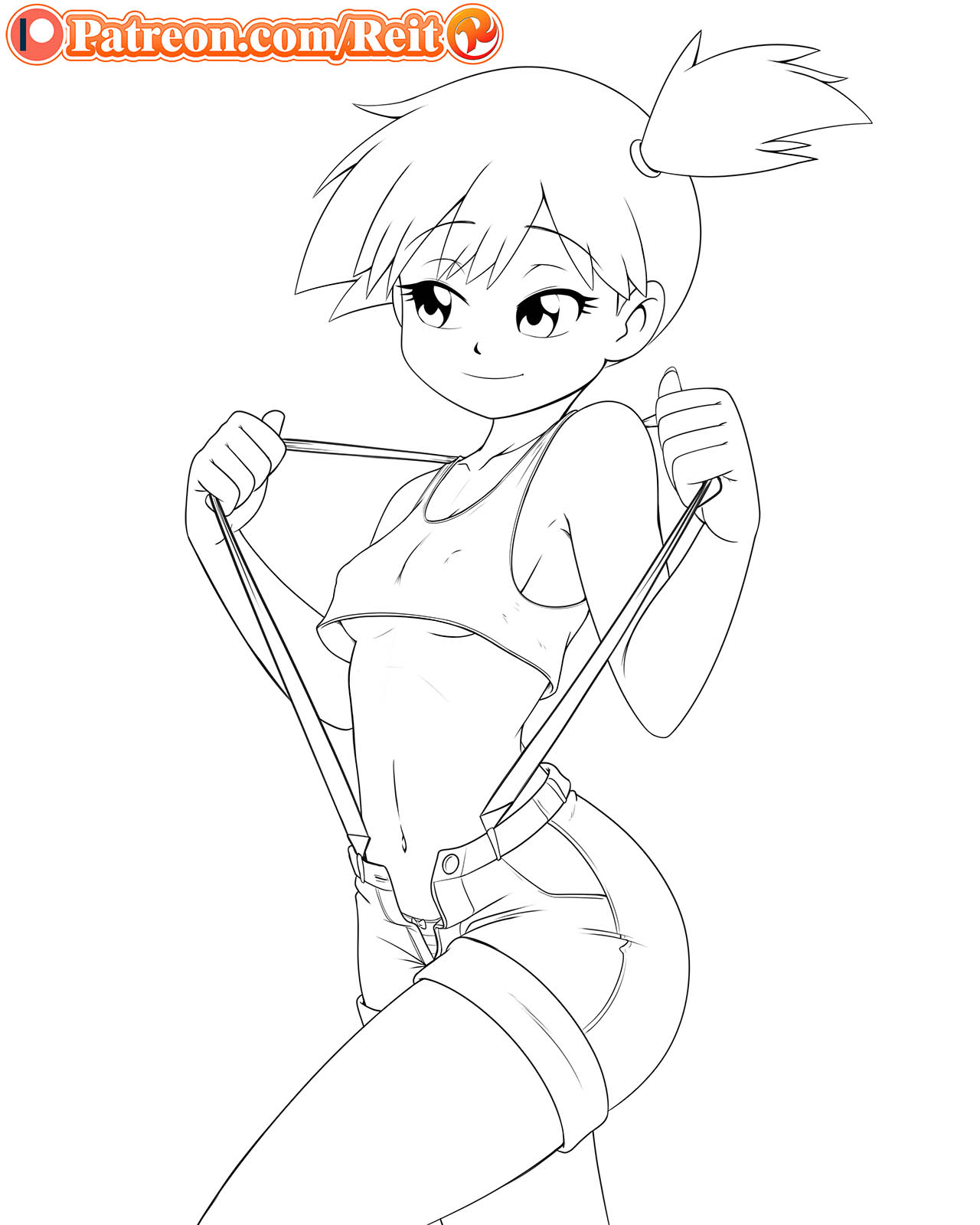 ass, big ass, breasts, female, human, human only, kasumi (pokemon), line art, monochrome, pokemon, reit, shorts, small breasts, smile, thighs, underboob