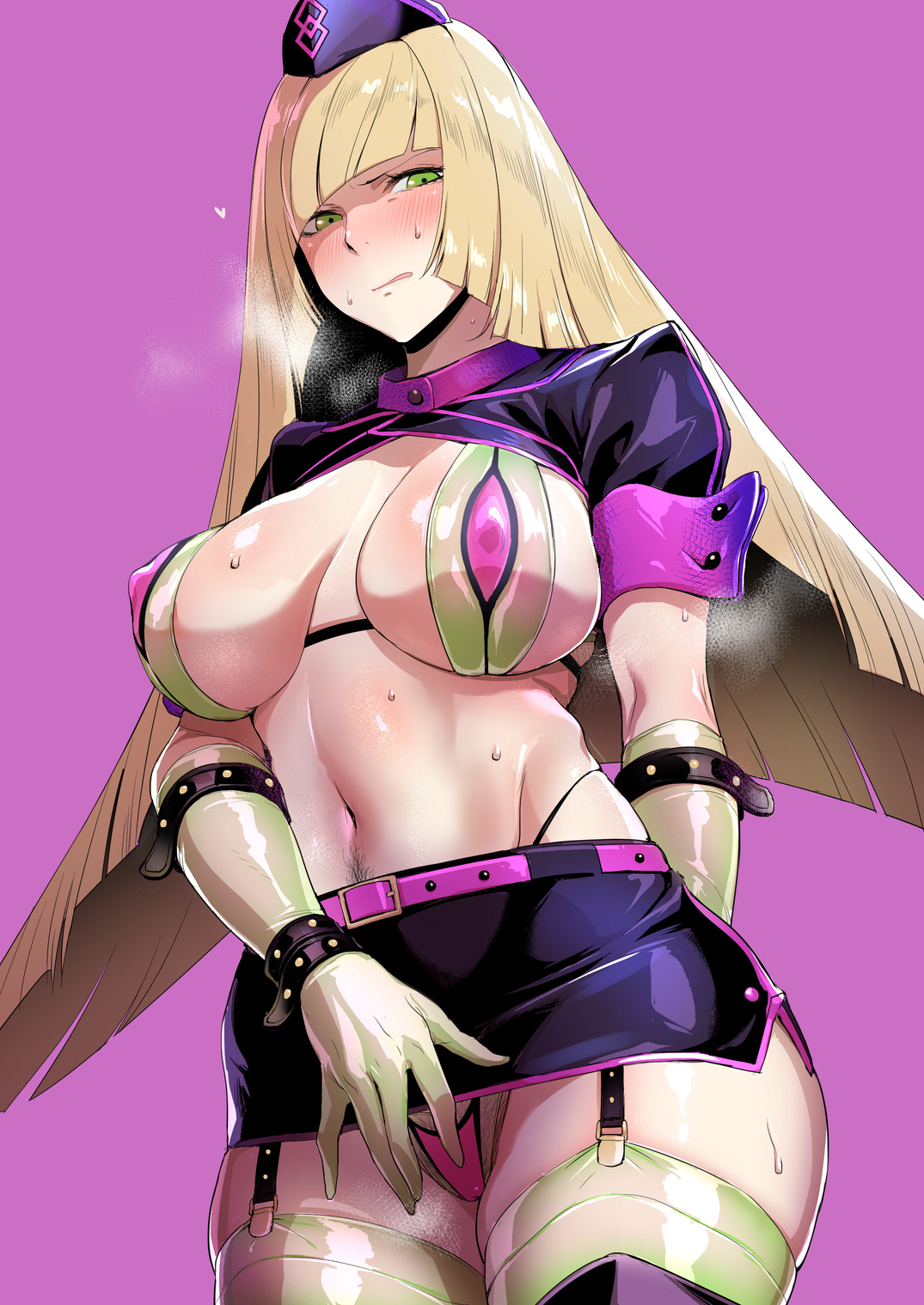 1girls, aether foundation, beltskirt, big breasts, blonde hair, blush, breasts, cleavage, cosplay, crossover, embarrassed, fate (series), fate/grand order, female, female only, florence nightingale (fate) (cosplay), florence nightingale (trick or treatment) (fate) (cosplay), garter belt, green eyes, hat, huge breasts, human, iku (ikuchan kaoru), large breasts, leaning, long hair, looking at viewer, lusamine (pokemon), milf, miniskirt, nintendo, panties, pointy chin, pokemon, pokemon sm, pubic hair, purple skirt, skirt, solo, standing, sweat, thighhighs, trick or treatment, upskirt, wet
