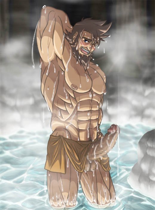 1boy abs balls bara beard censored censored_penis dinosaur_king erect_penis erection facial_hair male male_only muscle muscles muscular muscular_male pecs penis smile solo solo_male spike_taylor towel water yuraaka