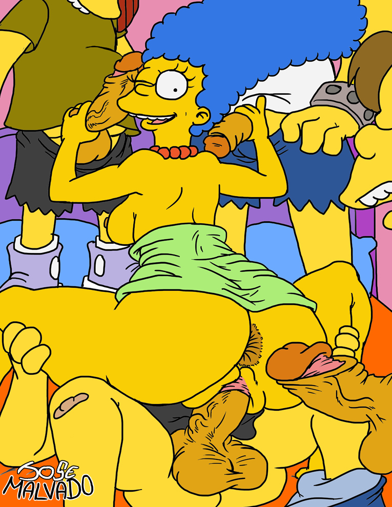 ass, big ass, big breasts, big penis, blue hair, breasts, dress lift, exposed anus, exposed ass, exposed breasts, female, gangbang, green dress, josemalvado, male, marge simpson, necklace, penis, the simpsons, veiny penis, wink