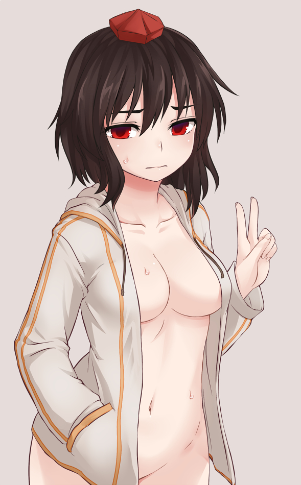 bangs bottomless breasts brown_hair closed_mouth cowboy_shot female grey_background groin hair_between_eyes hand_in_pocket hat hood hood_down hoodie long_sleeves looking_at_viewer medium_breasts miyo_(ranthath) naked_hoodie navel pocket red_eyes shameimaru_aya simple_background solo sweat tokin_hat touhou v