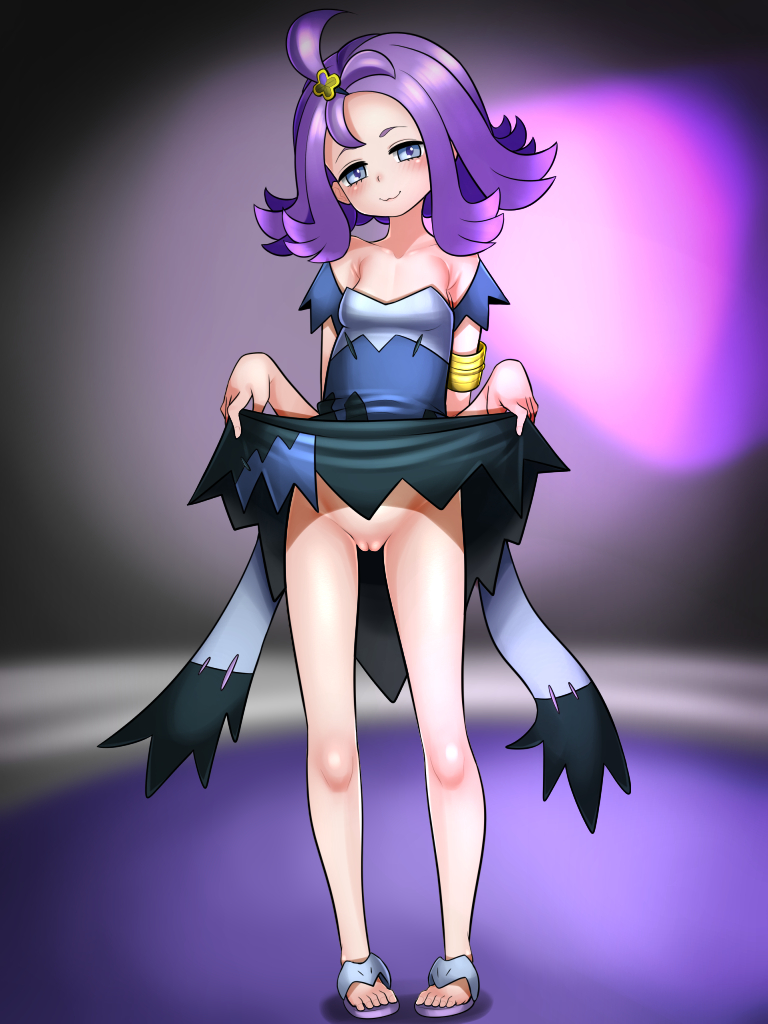 :3, 1girls, acerola (pokemon), blush, bracelet, breasts, dress, dress lift, elite four, eyelashes, feet, female, flipped hair, full body, half-closed eyes, innie pussy, looking at viewer, no panties, pokemon, pokemon sm, purple background, purple eyes, purple hair, pussy, sandals, seductive smile, short hair, skirt lift, small breasts, smile, standing, toes, trial captain, uncats