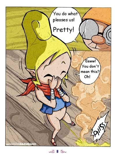 clothing comic english_text female hot_shower hylian mako_(wind_waker) male nudge peeing speech_bubble straight straight_hair tetra text the_legend_of_zelda the_wind_waker whitewashed wind_waker young