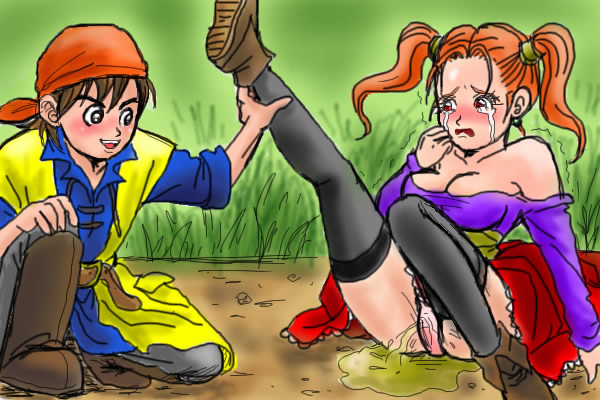 artist_request clothing dragon_quest dragon_quest_viii dress hero_(dq8) jessica_albert medium_breasts panties peeing peeing_self stockings tagme