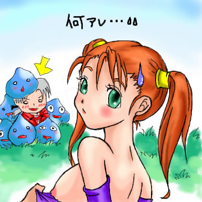 angelo_(dq8) artist_request blush clothing dragon_quest dragon_quest_viii jessica_albert medium_breasts slime slime_(dragon_quest) tagme translation_request underwear