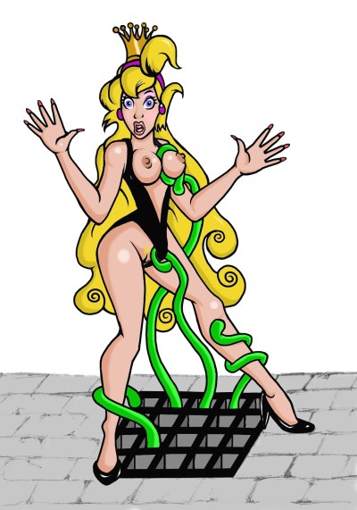 1girls black_high_heels black_leotard blonde blonde_hair blue_eyes breasts crown don_bluth dragon's_lair earrings female high_heels hoaxman leotard leotard_aside leotard_pull long_hair mostly_nude princess_daphne pussy tentacle