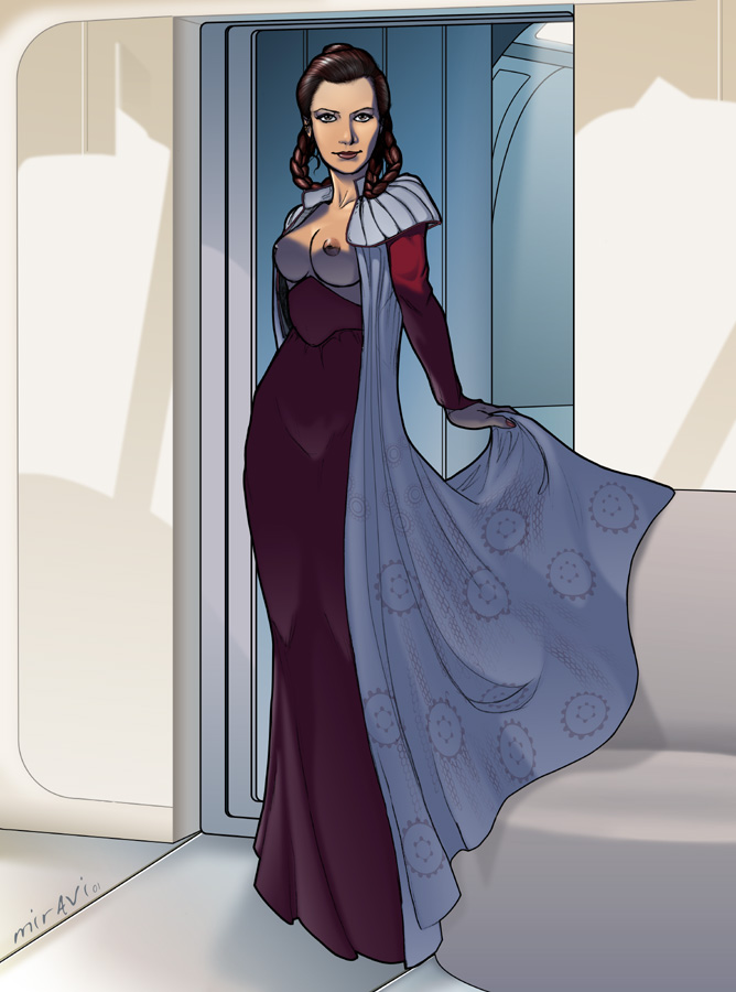 2001 background bespin braid breasts breasts_out brown_hair clothed clothed_female doorway dress full_body hair holding_clothing indoors long_dress looking_at_viewer miravi nudity princess_leia_organa red_clothing standing star_wars the_empire_strikes_back watermark