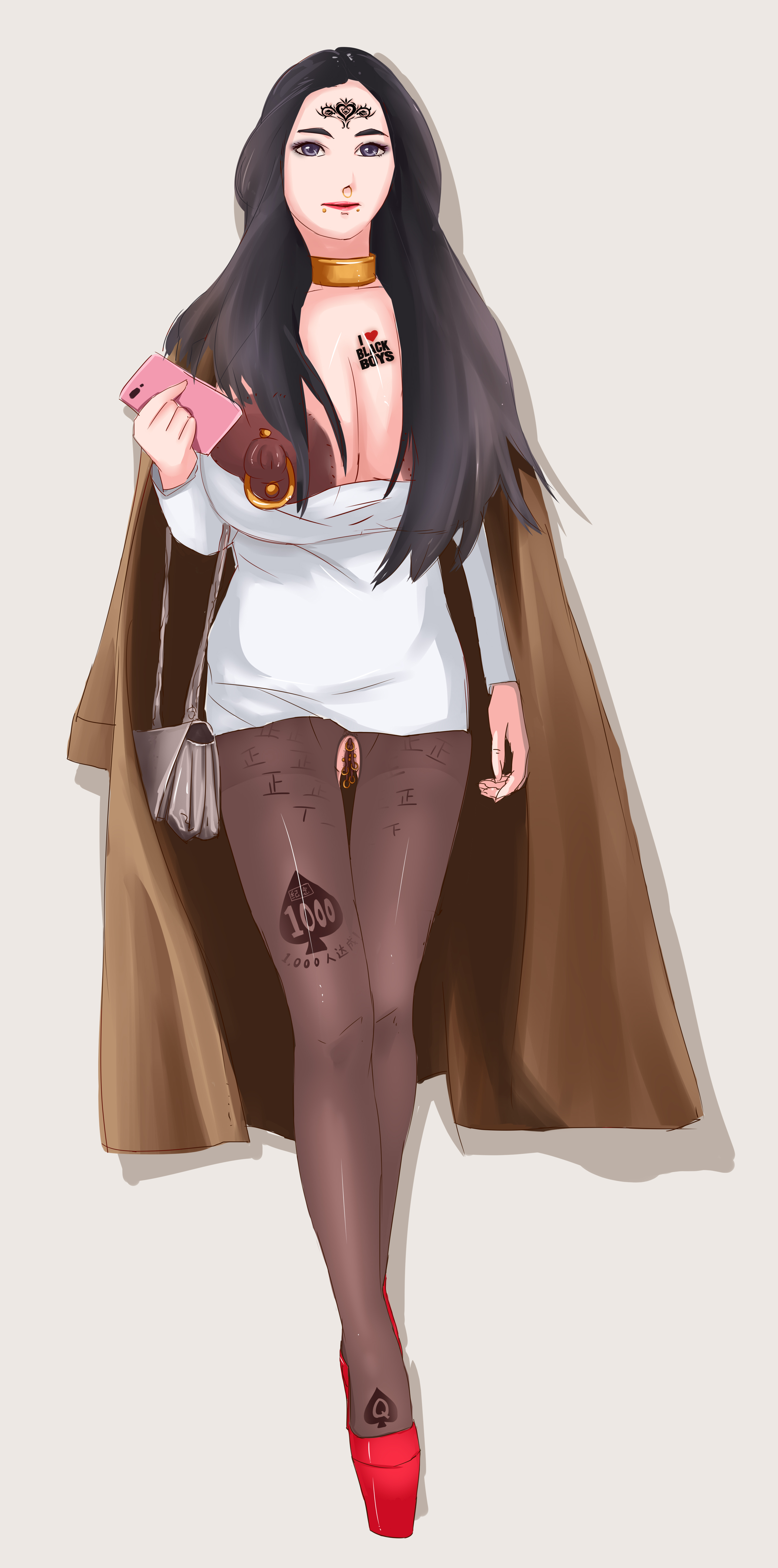 1girls, breasts, female, humiliating tattoo, labia piercing, large breasts, large nipples, nipple piercing, nipples, piercing, qos, queen of spades, raceplay, simple background, solo, spade tattoo, tattoo, tm yuebing