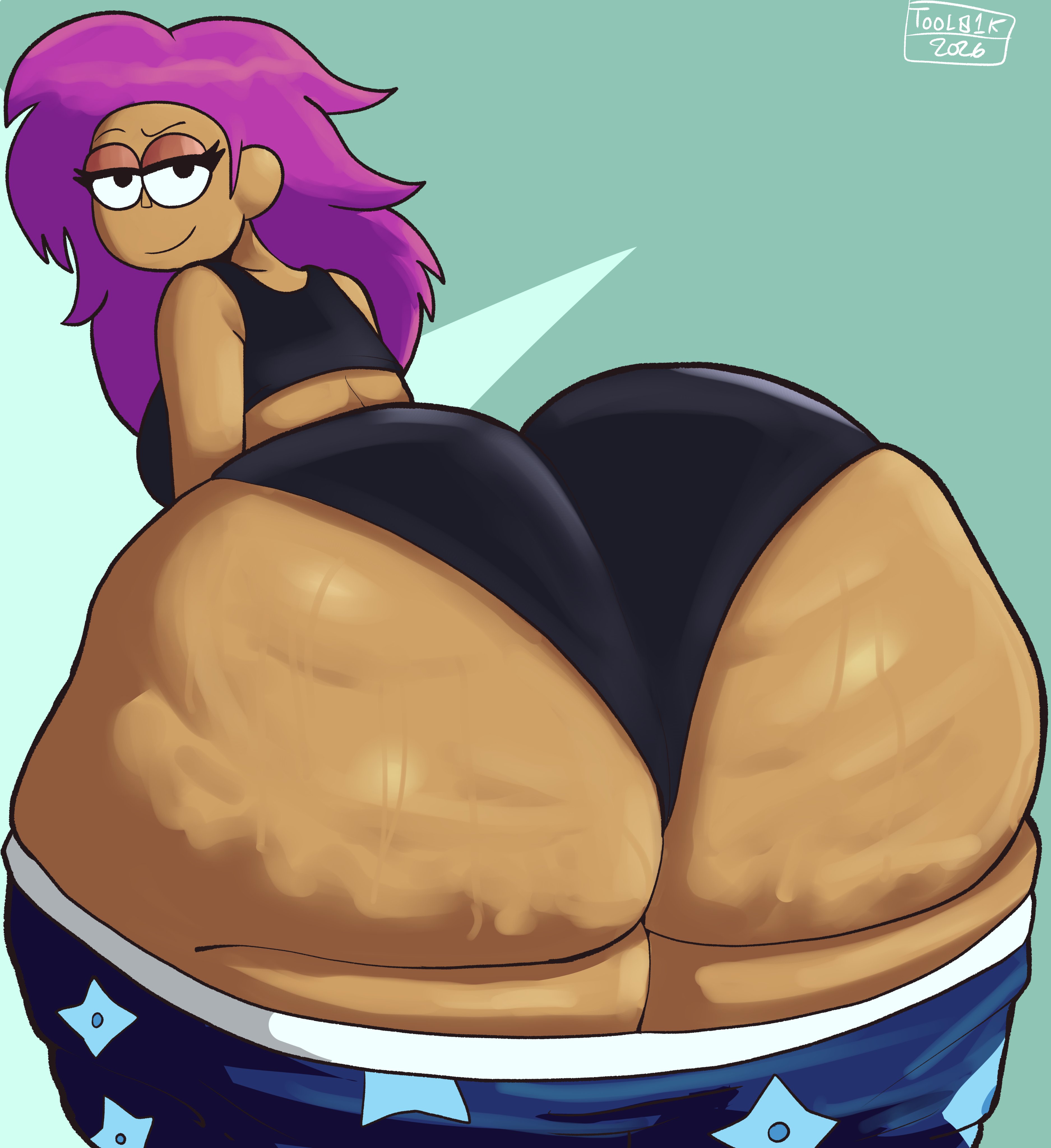 1girls, 2d, 2d (artwork), ass, ass bigger than head, ass bigger than torso, ass focus, big ass, bottom heavy, bra, breasts, bubble butt, cellulite, color, dark skin, dark-skinned female, enid, fat ass, female, female only, gluteal fold, huge ass, hyper, hyper ass, large ass, looking at viewer, looking back, massive ass, ok k.o.! let's be heroes, panties, pants, pants down, presenting, presenting hindquarters, purple hair, rear view, smile, smug, solo, thick ass, thick thighs, thunder thighs, tool01k, wide hips