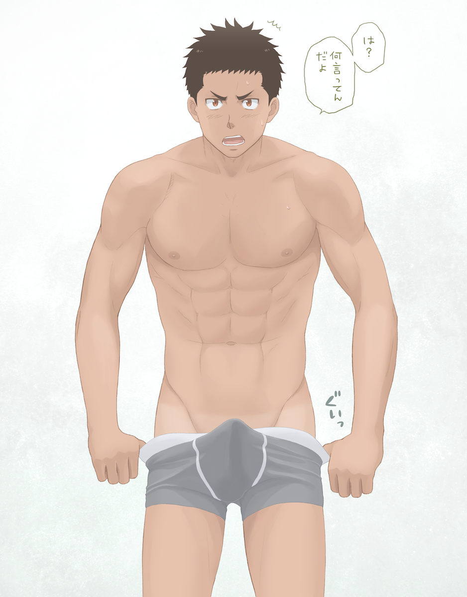 1boy abs brown_hair bulge erection erection_under_clothes frown frowning_at_viewer looking_at_viewer male male_only muscle muscular muscular_male penis serious siroki solo solo_male thumb_in_waistband underwear underwear_only undressing