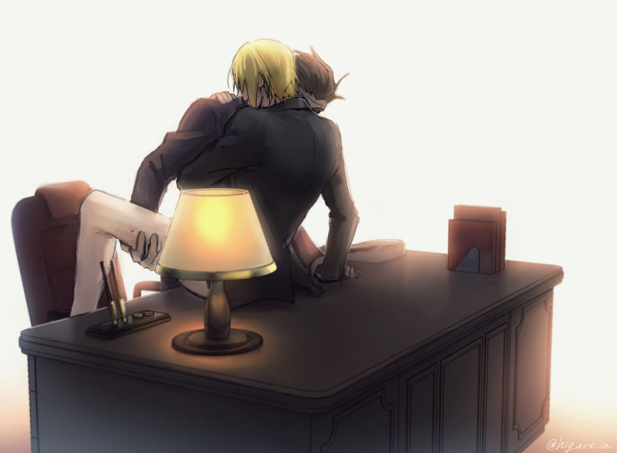 2boys anal blonde_hair bottomless dash10 desk eizen_(tales) male multiple_boys office penetration sex suit tagme tales_of_(series) tales_of_berseria thrusting yaoi