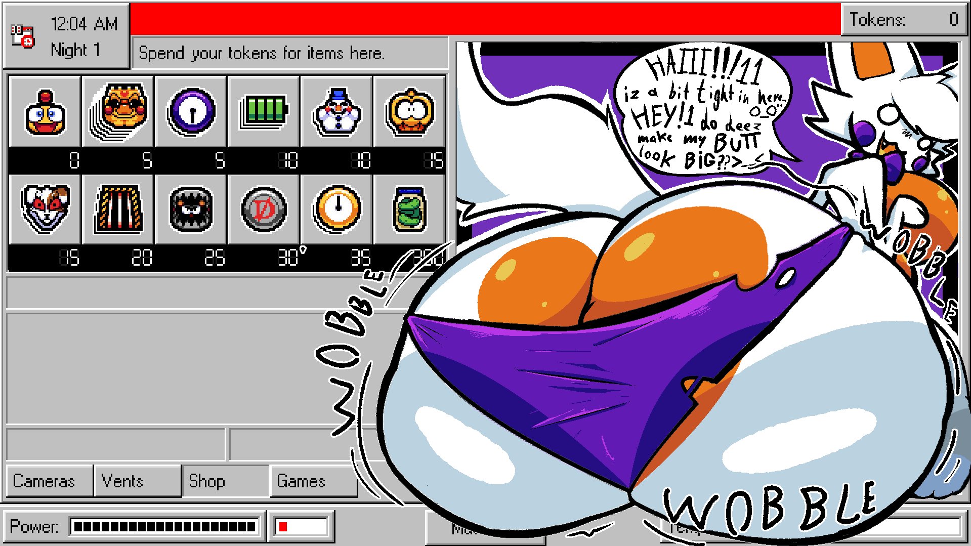 1ambiguous, 1anthro, ambiguous gender, anthro, ass, ass bigger than body, ass bigger than head, ass bigger than torso, ass built separately, ass focus, big ass, big butt, butt, butt bigger than body, butt bigger than head, butt bigger than torso, butt focus, dialog, dialogue, english text, five nights at freddy's, five nights at frickbears, five nights at frickbears 3, fnaf, fox, game background, huge ass, huge butt, large ass, large butt, lolbit (fnaf), lolbit (frickbears), onomatopoeia, panties, part 1, part of a set, ripped panties, shiny ass, shiny butt, shop, solo, text, white body, white fur, white hair, wobbling ass, wobbling butt