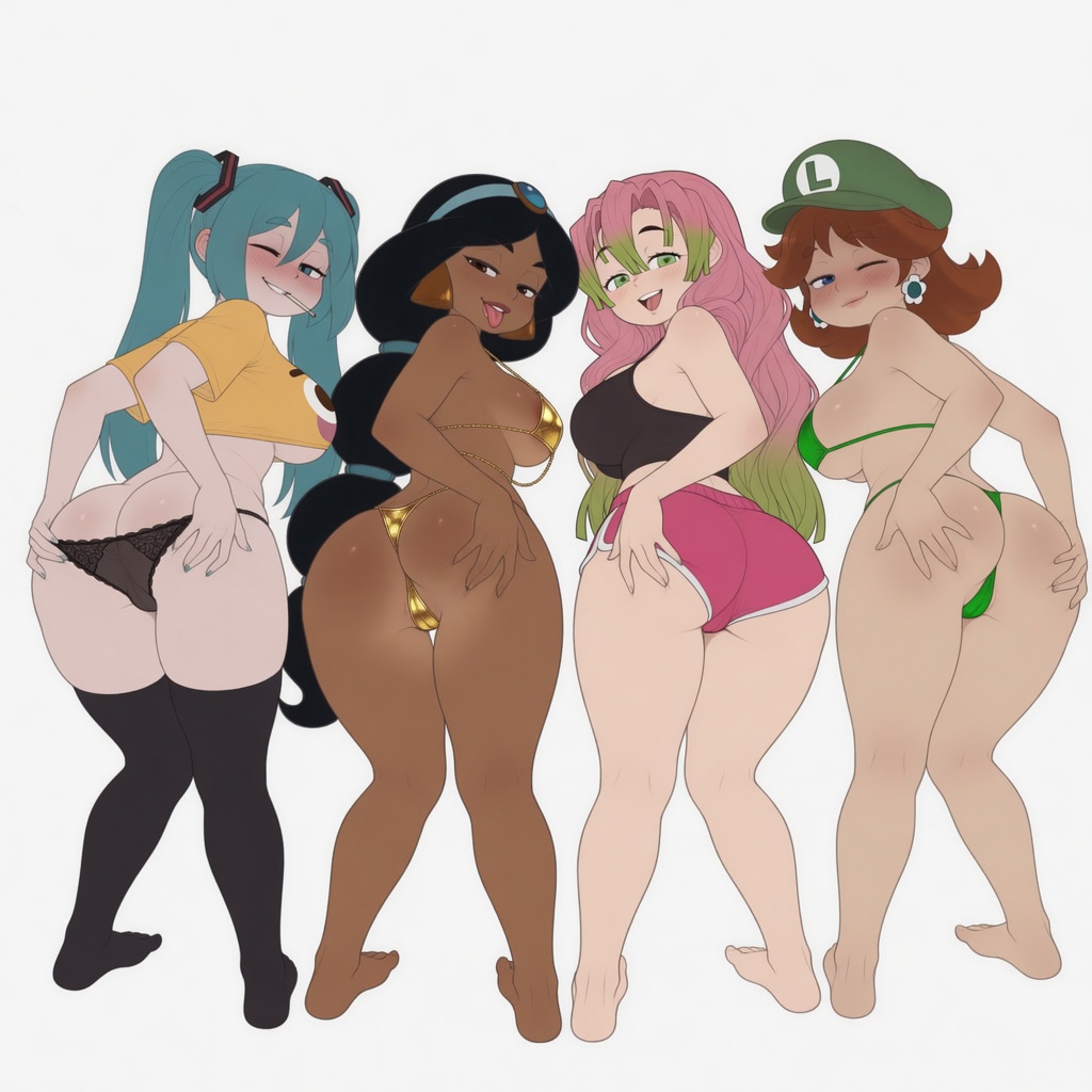 4girls, aladdin (1992 disney film), ass, big ass, crossover, demon slayer, disney, disney princess, eastern and western character, female, godilovebutts, hatsune miku, kanroji mitsuri, luigi (cosplay), mario (series), mitsuri kanroji, multiple girls, princess, princess daisy, princess jasmine, royalty, tagme, thighhighs, vocaloid