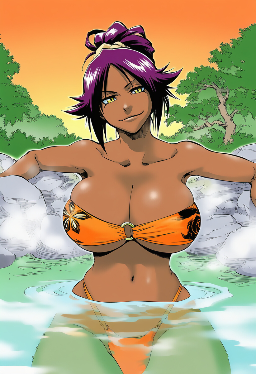 accuratemanga, ai generated, big breasts, bikini, bleach, manga style, onsen, relaxing, shihouin yoruichi