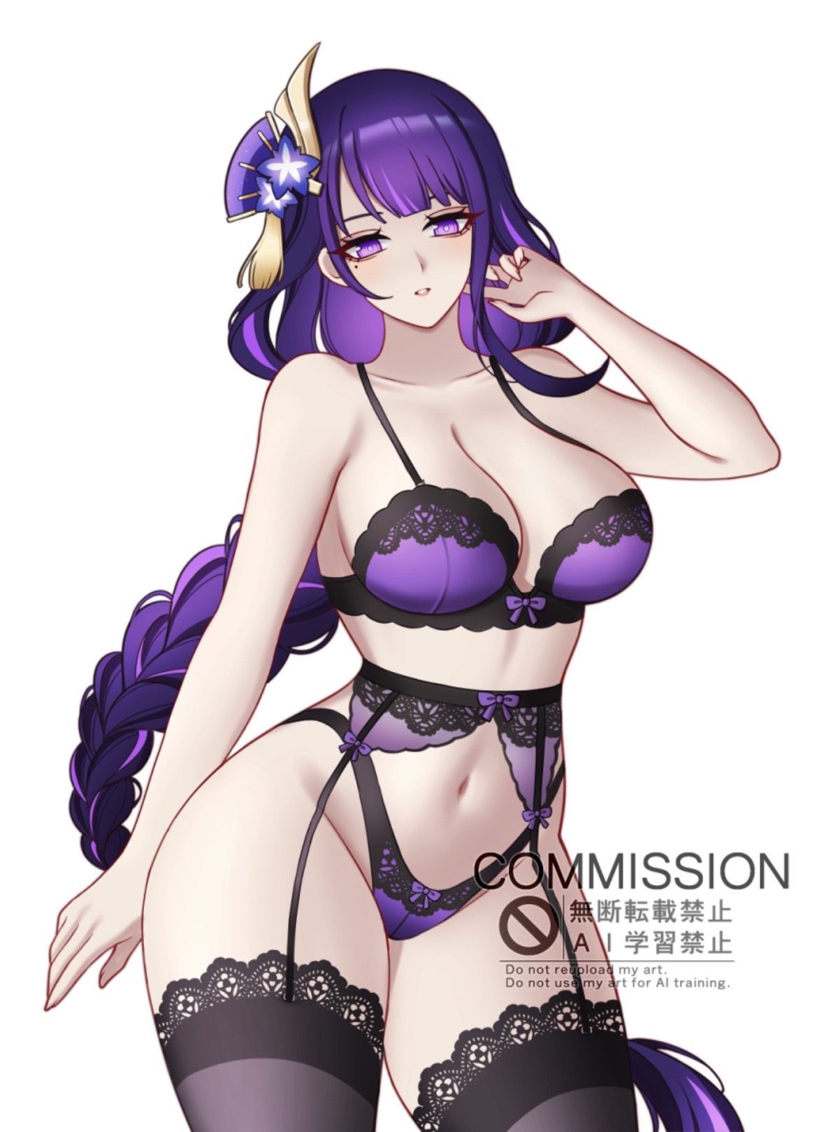 1girls, big breasts, black thighhighs, bra, braided hair, charlie purrito, curves, genshin impact, hair, hair ornament, hoyoverse, lingerie, lingeried, long braid, long hair, long sleeves, mihoyo, mole, mole under eye, posing, purple eyes, purple hair, raiden shogun, solo female, thick thighs, wide hips