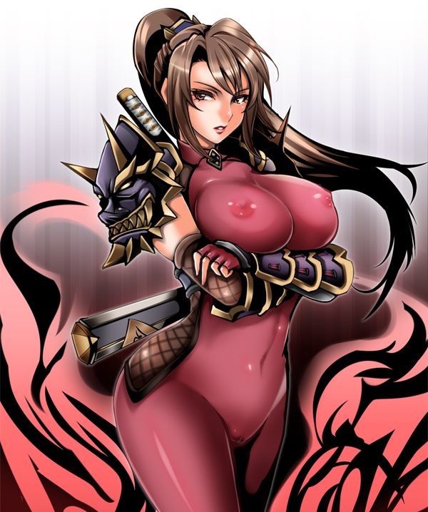 armor, artist request, bodysuit, breasts, brown hair, cleavage, erect nipples, female, long hair, looking at viewer, ninja, nipples, open mouth, ponytail, pussy, smile, solo, soul calibur, spandex, taki (soulcalibur), yellow eyes