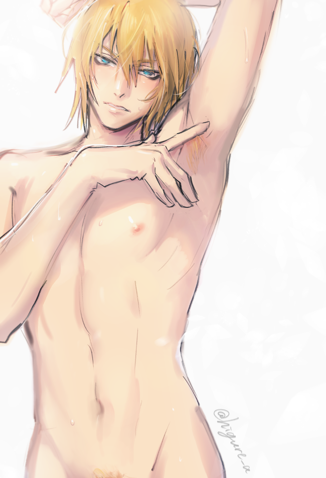 1boy arm_up armpit armpit_hair blonde_hair blue_eyes body_hair dash10 eizen_(tales) male male_only naked nipples nude nude_male offscreen_penis presenting pubic_hair solo tales_of_(series) tales_of_berseria teasing_viewer