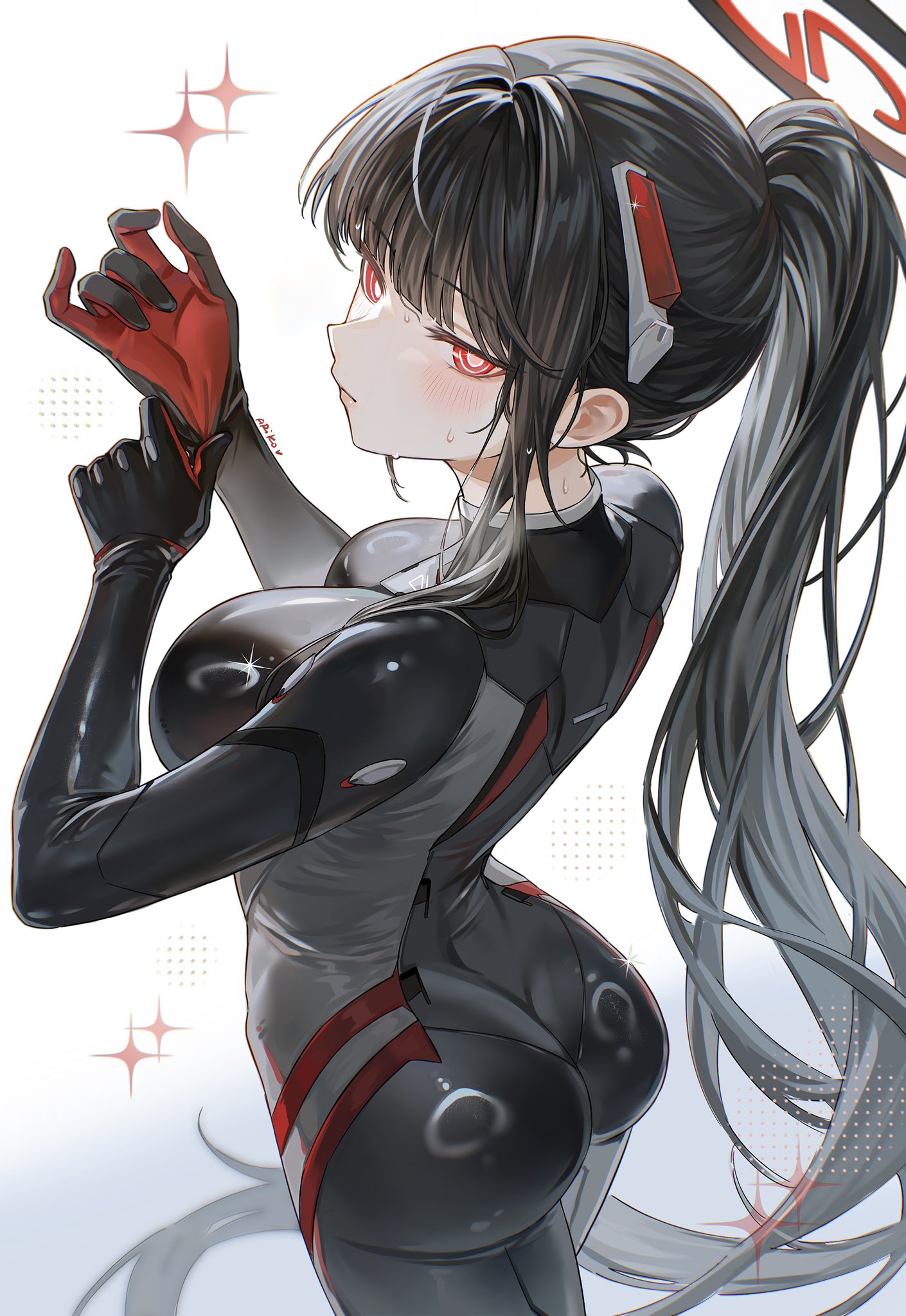 ariko (aaaaarik), ass, black bodysuit, black hair, black halo, blue archive, blunt bangs, blush, bodysuit, breasts, bright pupils, closed mouth, gloves, hair ornament, halo, highres, impossible bodysuit, impossible clothes, large breasts, latex, latex bodysuit, long hair, mechanical halo, multicolored halo, official alternate costume, official alternate hairstyle, ponytail, red eyes, red halo, ringed eyes, rio (armed) (blue archive), rio (blue archive), sideboob, sidelocks, skin tight, solo, two-tone halo, very long hair, white pupils