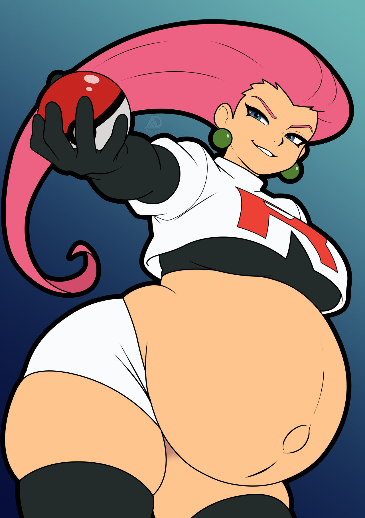 arrowdark, exposed pregnant belly, jessie (pokemon), pink hair, pink hair female, pokemon, pokemon (anime), pregnant, pregnant belly, pregnant female, super belly, team rocket, team rocket uniform, villainess