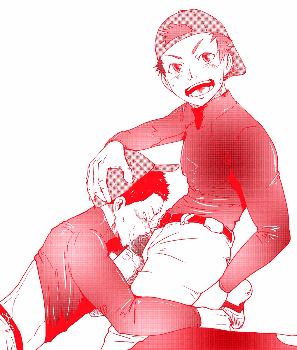 2boys baseball_uniform deepthroat erection fellatio hand_on_head hat kneeling licking male male_only mituki_nao multiple_boys penis saliva smile yaoi