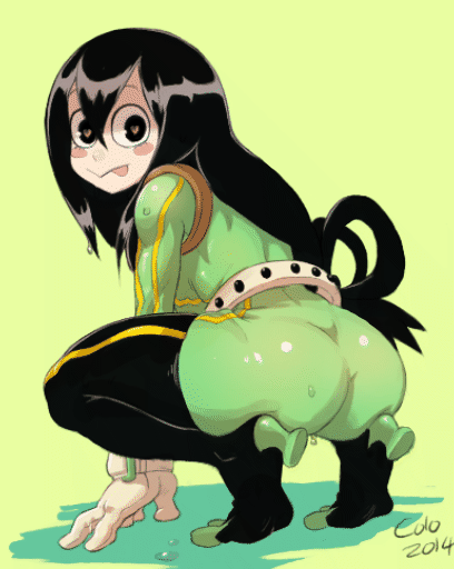:p, 1girls, animated, animated gif, ass, ass jiggle, black eyes, black hair, blush stickers, bodysuit, bouncing breasts, breasts, clothing, colo, female, frog girl, full body, gloves, heart, heart-shaped pupils, hero outfit (mha), jiggle, looking at viewer, medium breasts, muscles, my hero academia, skin tight, solo, squatting, tongue, tsuyu asui, water, wet