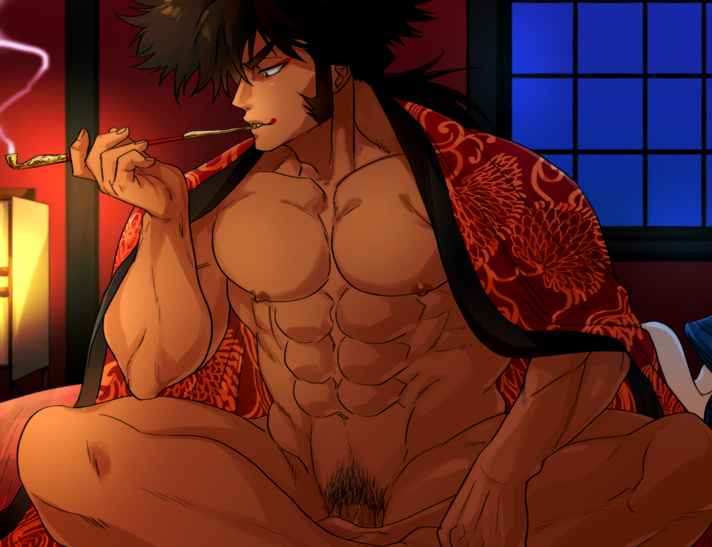 1boy abs bara bed crotch japanese_clothes kiseru male male_only muscle penis pubic_hair robe sitting smile smoke smoking solo sugo6969