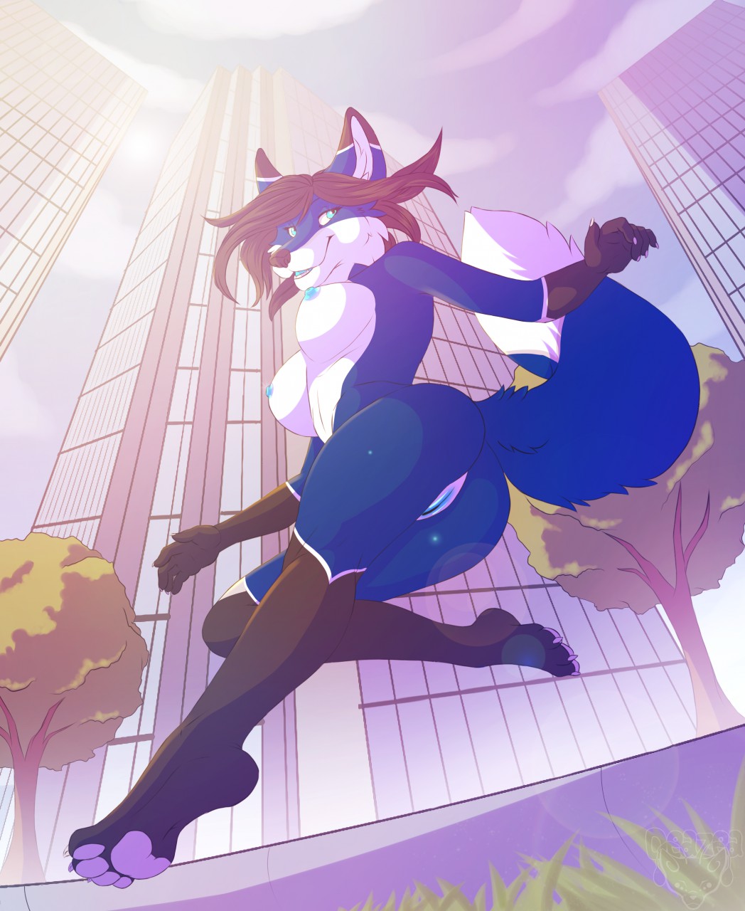 2017 anthro ass blue_fur breasts building canine city deazea_(artist) female fox fur hair looking_back mammal nipples nude outside public pussy running sky skyscraper solo tree