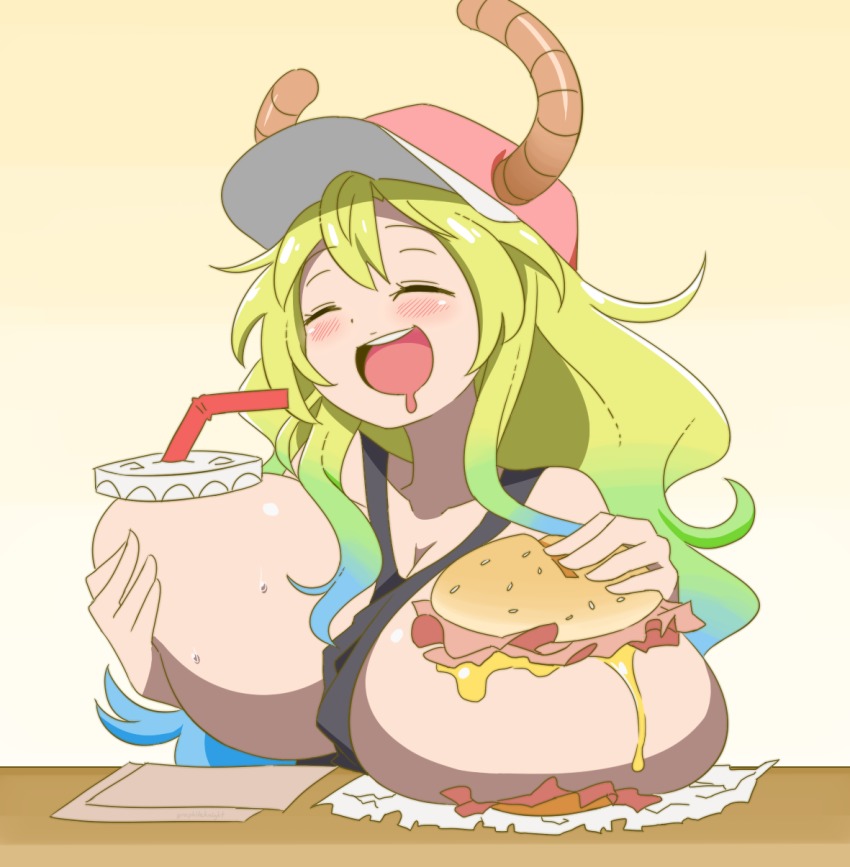 1girls ^_^ bacon blush breasts cheese clothes_between_breasts drink drooling eating female female_only food green_hair hamburger happy large_breasts miss_kobayashi's_dragon_maid open_mouth quetzalcoatl_(dragon_maid) smile solo tank_top