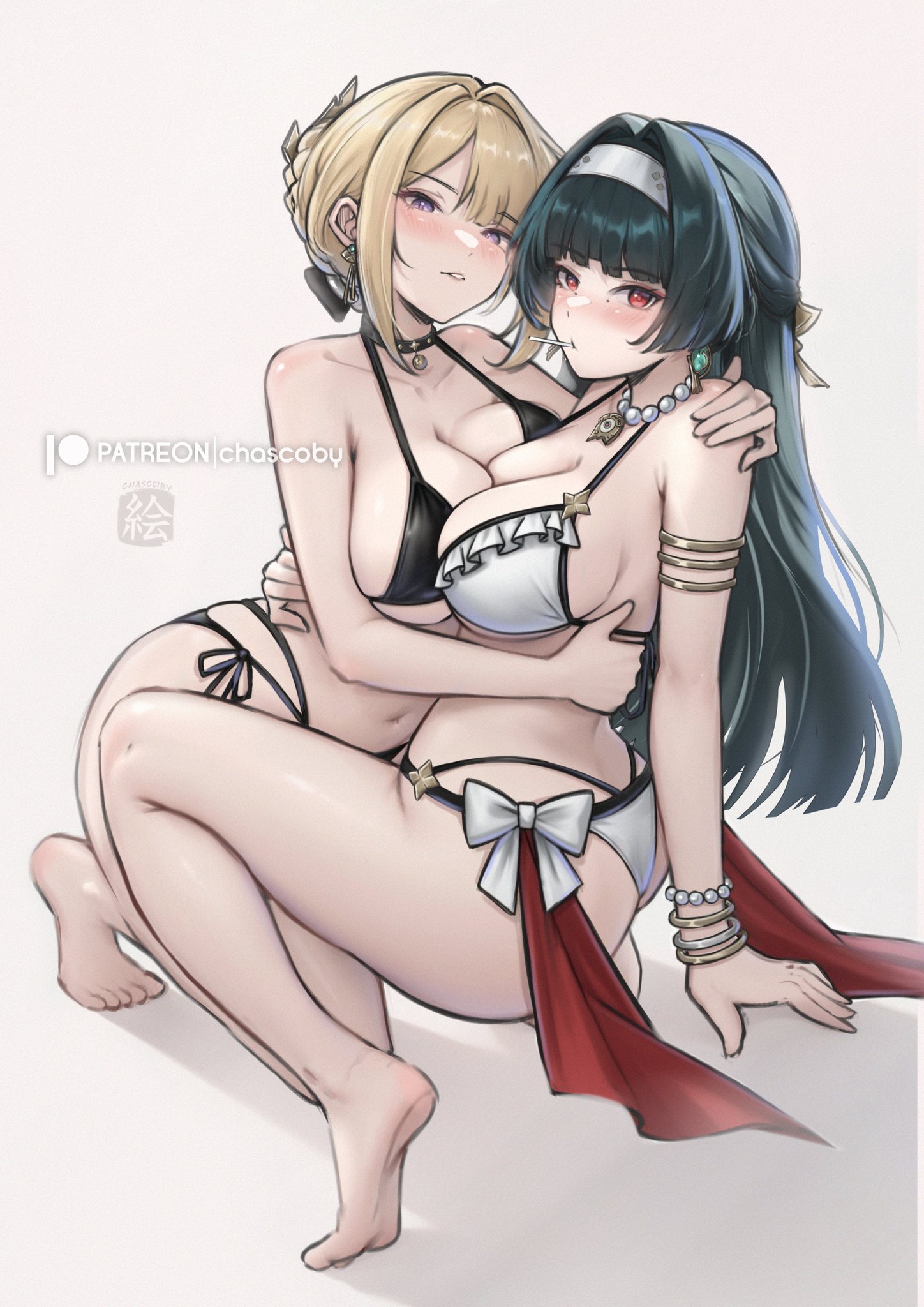 2girls, astra yao, breasts, chascoby, evelyn chevalier, female, female focus, female only, large breasts, light skin, light-skinned female, looking at viewer, thick thighs, thighs, wide hips, zenless zone zero