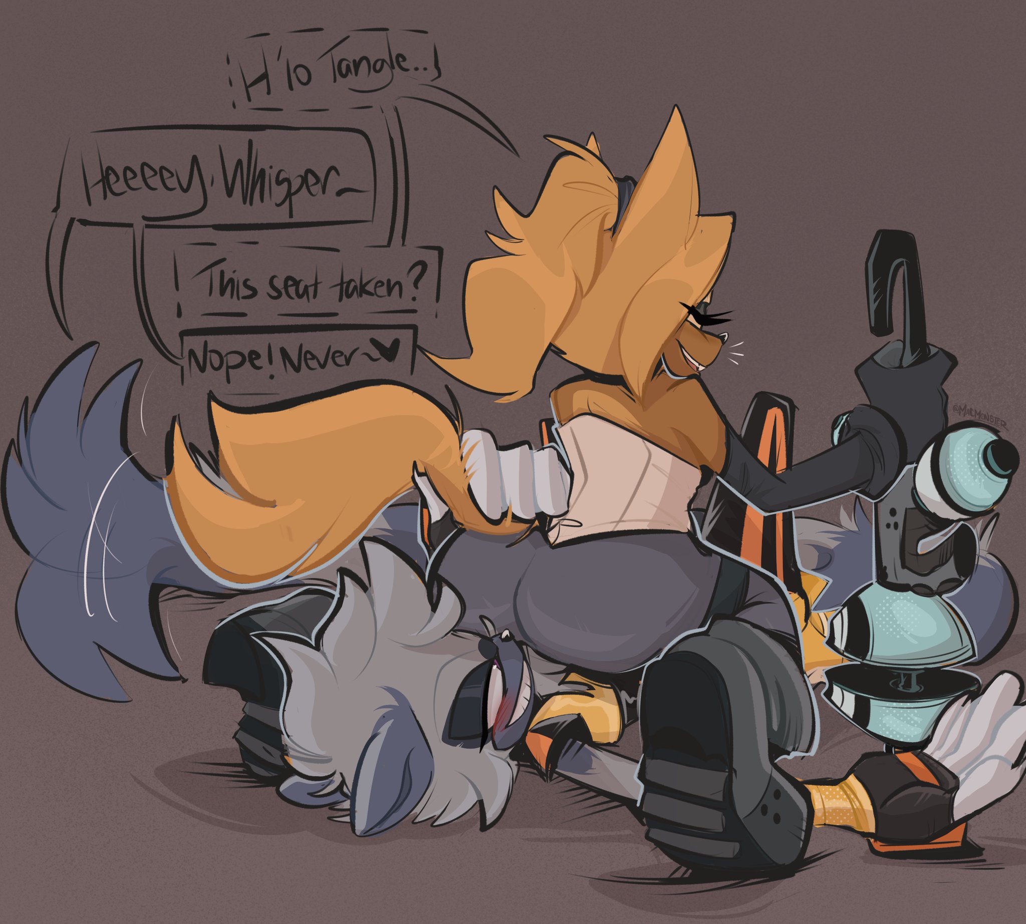 2girls, blonde hair, blush, boots, closed eyes, clothed, corset, dark-skinned female, facesitting, flirting, idw publishing, lemur, lesbian, lidded eyes, lying on back, ponytail, purple eyes, sitting on chest, sitting on person, sonic (series), sonic the hedgehog (comics), sonic the hedgehog (idw), sonic the hedgehog (series), strepsirrhine, tailwag, tangle the lemur, wagging tail, whisper the wolf, wolf ears, wolf girl, wolf tail, yuri