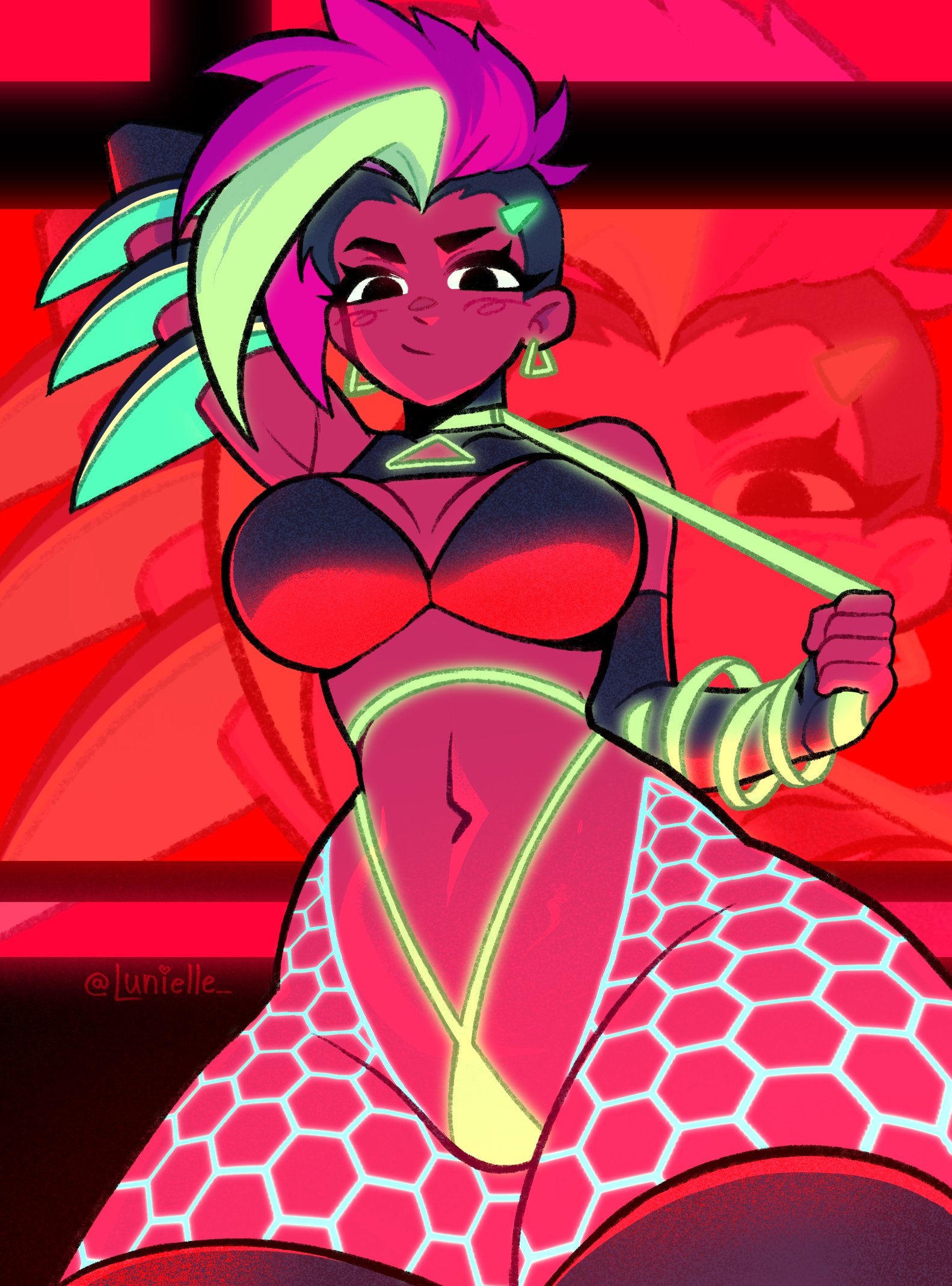 armpits, artist name, breasts, cleavage, fishnets, gloves, green hair, hand behind head, leash, lunielle, moika, moikaloop, navel, neckwear, neon, neon lights, pink hair, pulling own leash, shaved side, slim waist, stockings, tagme, thick thighs, tight clothing, topwear, voluptuous, wide hips