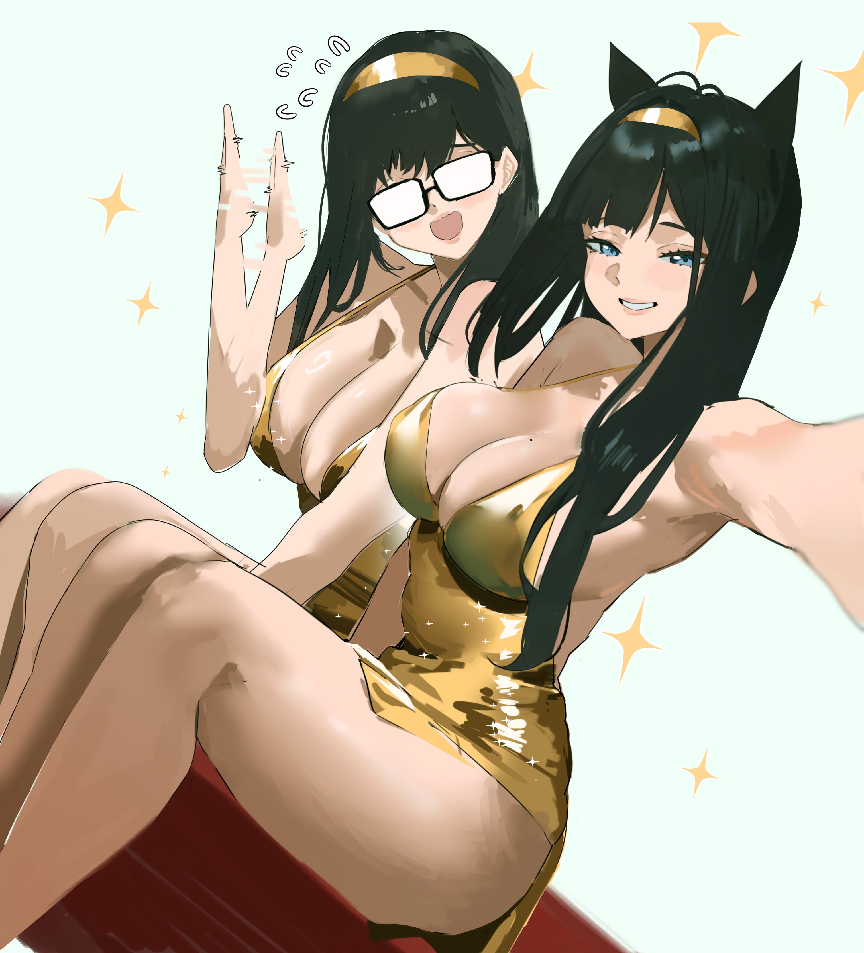 armpits, big breasts, big thighs, black hair, glasses, goddess of victory: nikke, gold dress, huge breasts, mint (nikke), mole on breast, redi (rasec asdjh), riss (nikke), selfie, side view, smiling, smug, stars, thick thighs