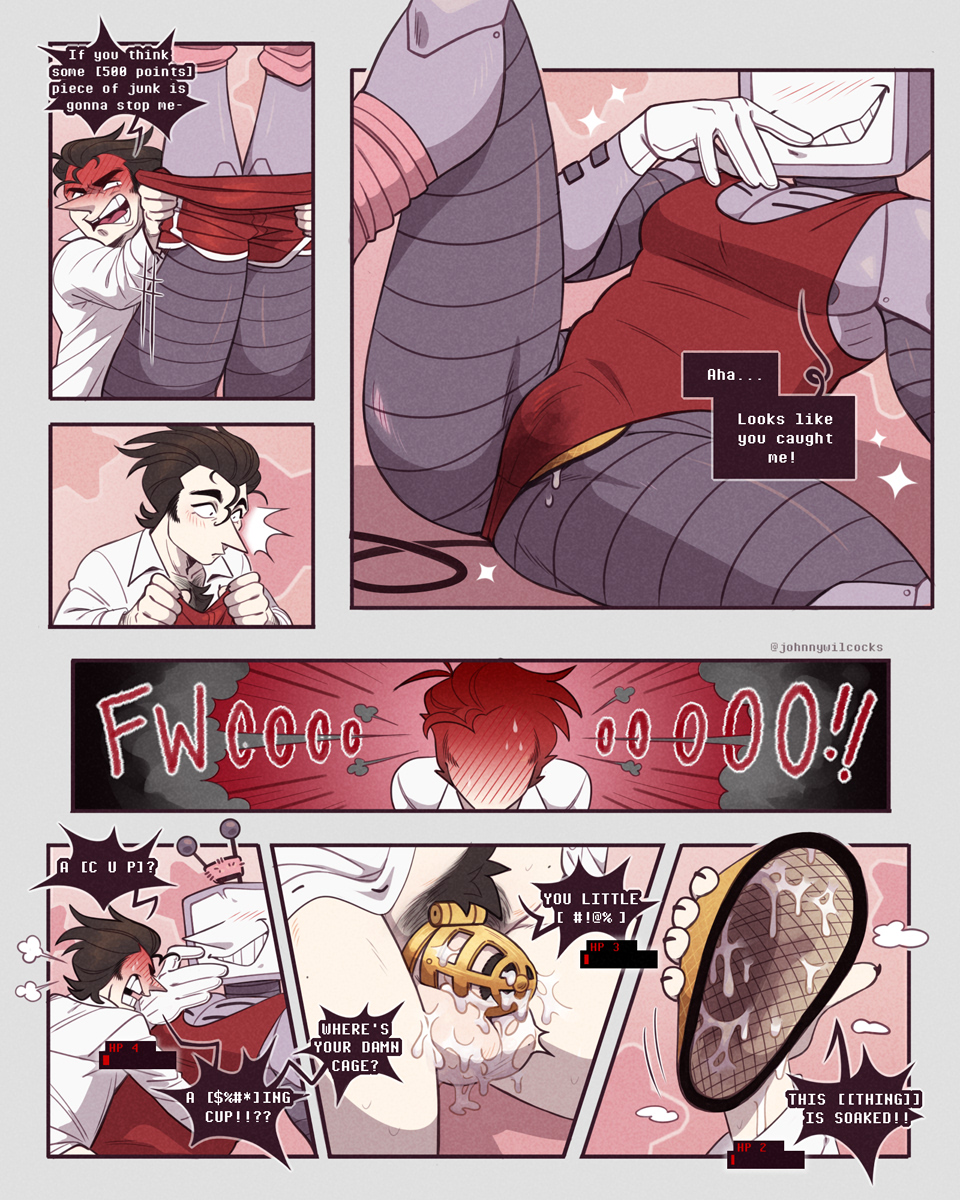 athletic cup, chastity cage, chastity cage emission, comic page, deltarune, desperation, gay, johnnywilcocks, leotard, size difference, small dom big sub, spamtenna, spamton g spamton, tenna (deltarune), undertale (series), yaoi