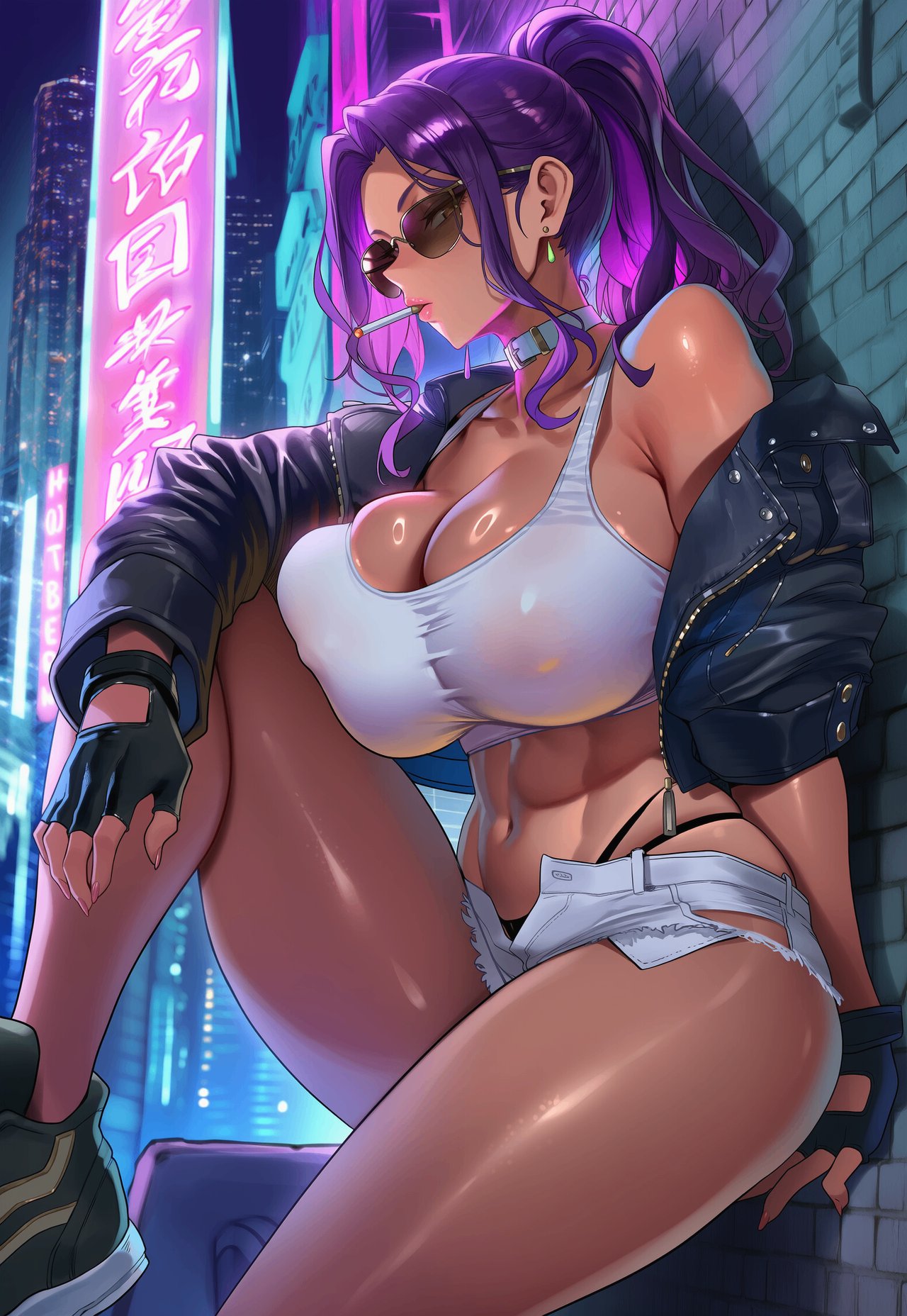 1girls, ai generated, aviator sunglasses, breasts, choker, cigarette in mouth, dark-skinned female, female, female only, fingerless gloves, from side, highres, highschool of the dead, huge breasts, jacket, leaning against wall, liu (artist), looking at viewer, microshorts, midriff, outdoors, puffy areola, rika minami, smoking, solo, solo female, sports bra, sportswear, sunglasses, thick thighs, thong, tight clothing, tinted eyewear, toned female, voluptuous, voluptuous female, wide hips