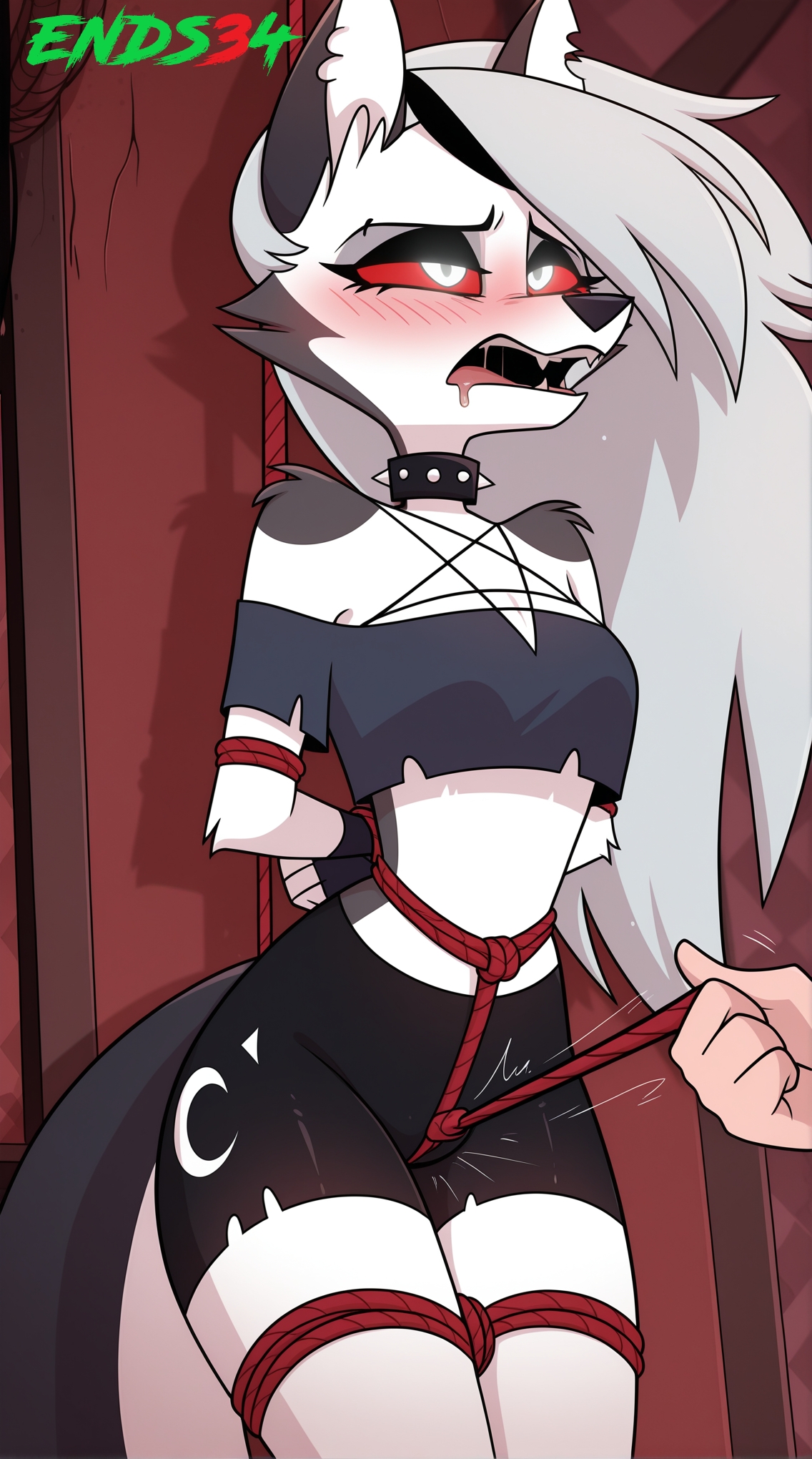 ai generated, blush, ends34, female, female focus, furry female, helluva boss, hips, loona (helluva boss), red eyes, rope, rope bondage, shibari, standing, wolf girl
