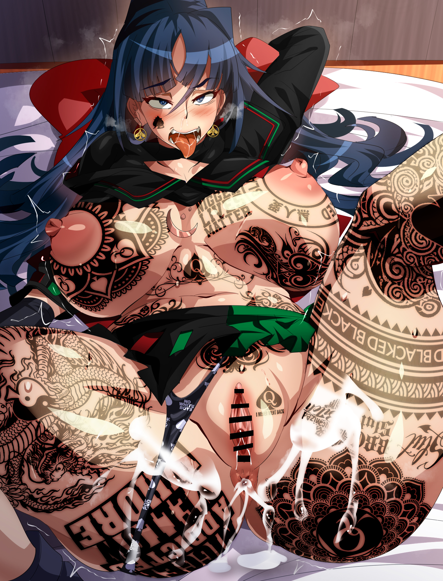 1girl, ado, ado (music-artist), big breasts, blacked, blue hair, cum, cum in ass, cum on ass, cum on body, curvy, half-dressed, huge breasts, long hair, nipples, orgasm, orgasm face, qos, qos tattoo, queen of spades, sailor uniform, solo, tagme (artist), tattoo, tattoos, usseewa
