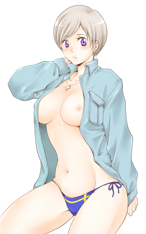 axis_powers_hetalia blonde_hair blush breasts cross female finland_(hetalia) jacket looking_at_viewer military_uniform navel necklace nipples open_shirt purple_eyes rule_63 simple_background solo tino_vainamoinen underwear