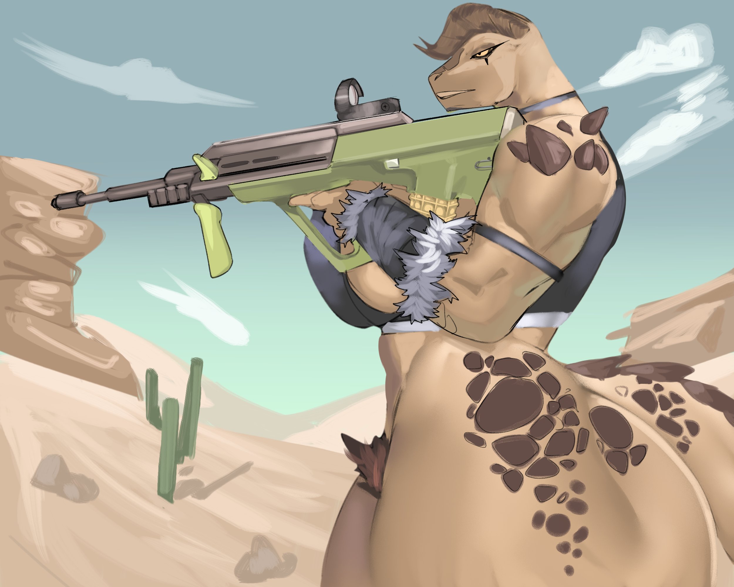 1girls, anthro, big ass, deathclaw, fallout, female deathclaw, gun, horns, pubic hair, quattrant, thick thighs, weapon