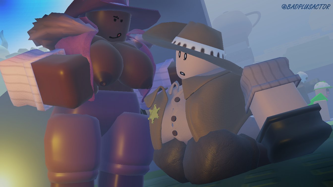 2girls, 3d, areolae, artist name, background character, background characters, background sex, badplusactor, bald, breasts, breasts out, carepad (die of death), civilian (die of death), clothed, die of death (roblox), hat, imminent tribadism, loveshot (die of death), nipples, outdoors, pursuer (die of death), revolver (die of death), roblox, roblox game, robloxian, tagme, thighs, yuri