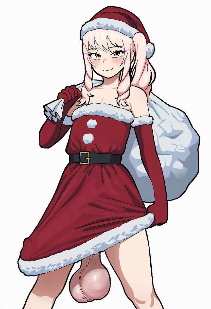 ai generated, akiyama mizuki, balls, balls out, balls to knees, bottomless, erection under clothes, femboy, hanging balls, heavy balls, huge balls, hung femboy, large penis, lexi (ai), massive balls, petite body, poney, project sekai, santa costume, santa hat, small but hung, trap