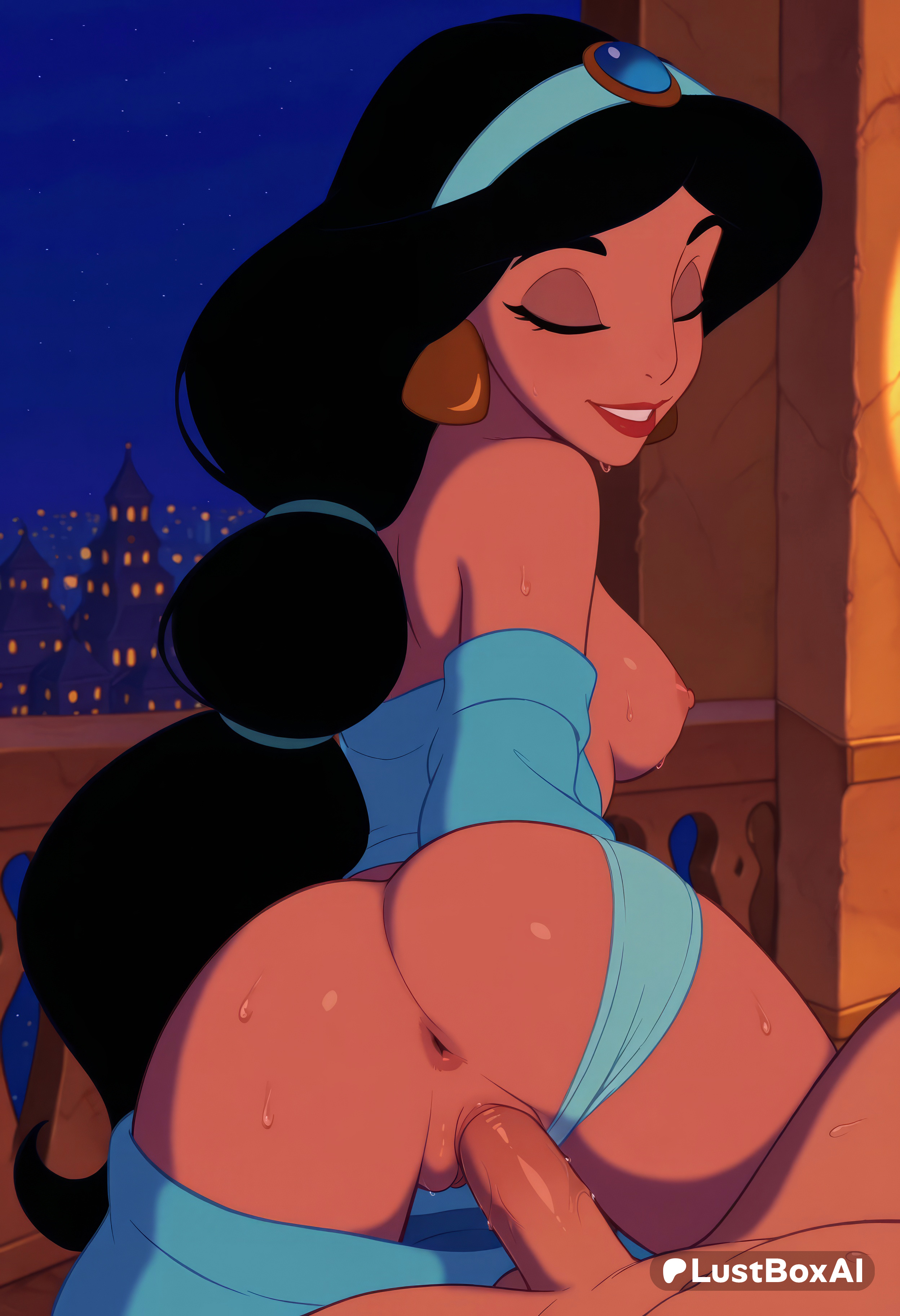1boy, 1boy1girl, 1girls, ai generated, aladdin (1992 disney film), anus, artist name, ass, ass focus, bare shoulders, black hair, blue pants, blue shirt, breasts, building, closed eyes, clothed sex, clothes pull, clothing aside, dark nipples, dark skin, dark-skinned female, disney, disney princess, earrings, female, from behind, hairband, hetero, hi res, jasmine (aladdin), jewelry, long hair, looking back, lustboxai, medium breasts, multi-tied hair, night, night sky, nipples, off shoulder, off-shoulder shirt, open mouth, outdoors, panties, panties aside, pants, pants pull, patreon username, penis, princess, princess jasmine, pussy, red lips, royalty, sex, shirt, sky, smile, solo focus, star (sky), starry sky, sweat, teeth, uncensored, underwear, vaginal, vaginal penetration, vaginal sex, very long hair