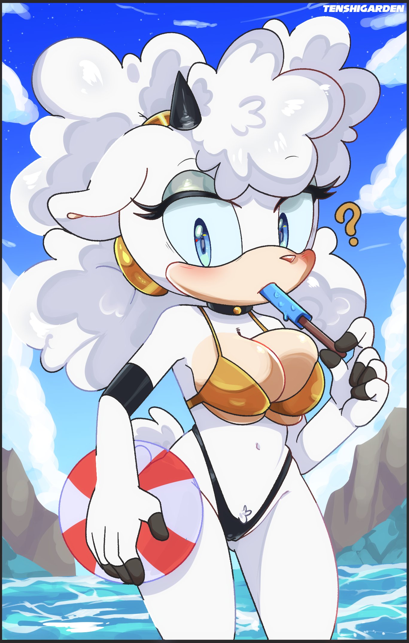?, 1girls, animal ears, animal tail, anthro, beach ball, big breasts, bikini, bikini bottom, bikini top, black bikini bottom, blue eyes, blue eyeshadow, breasts, choker, cleavage, eyeshadow, female, female only, hair, half-closed eyes, holding object, lanolin the sheep, neckwear, popsicle, popsicle in mouth, question mark, sega, sheep ears, sheep girl, sheep tail, solo, solo female, sonic (series), sonic the hedgehog (comics), sonic the hedgehog (idw), sonic the hedgehog (series), tail, tenshigarden, white hair, yellow bikini top