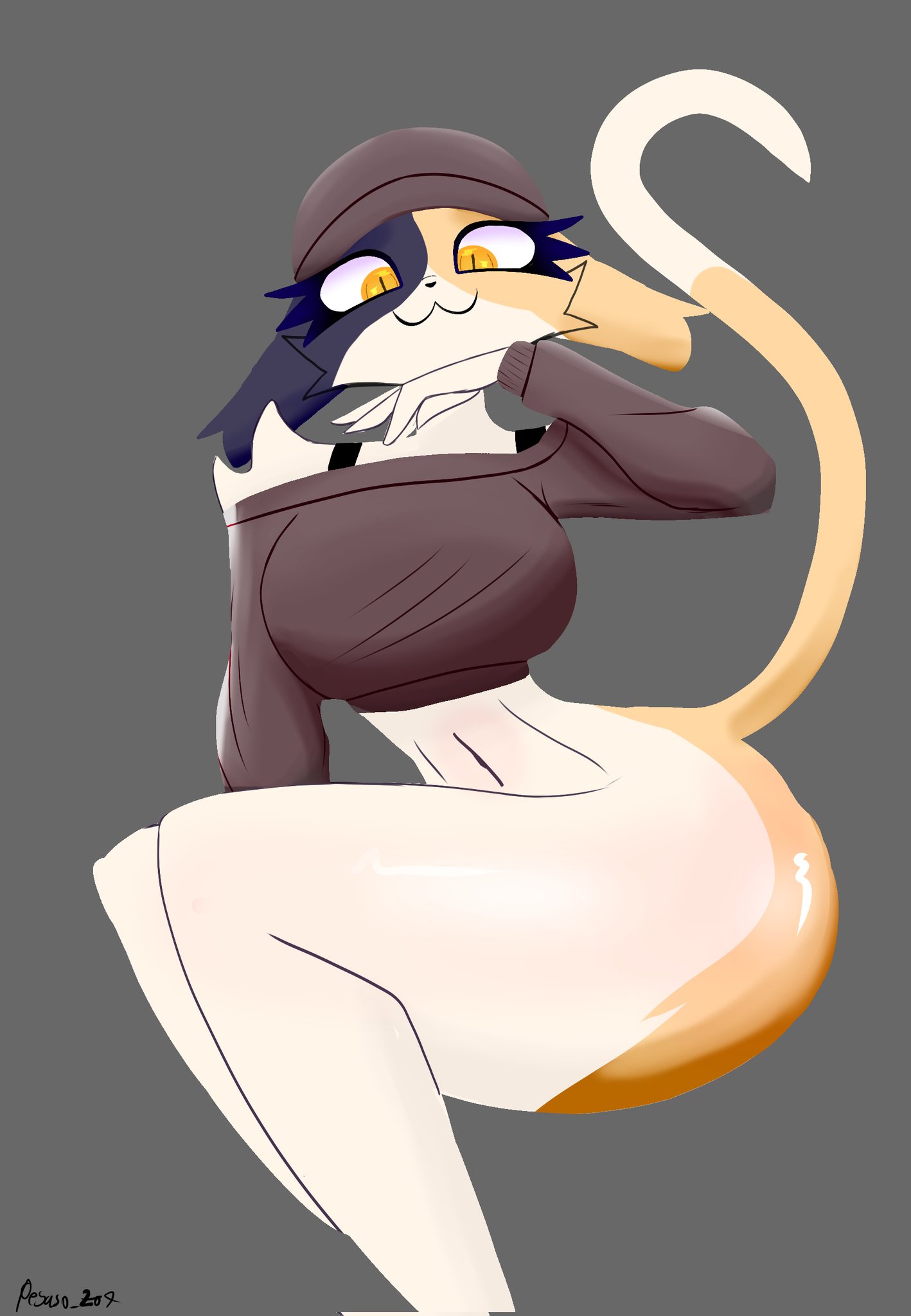 ass, beanie, black fur, bra, breasts, brown fur, cat ears, cat girl, cat tail, fit, fit female, fortnite, hand on face, headgear, meow skulls (fortnite), navel, pegaso 207, slim waist, tagme, thick thighs, topwear, white fur, wide hips, yellow eyes