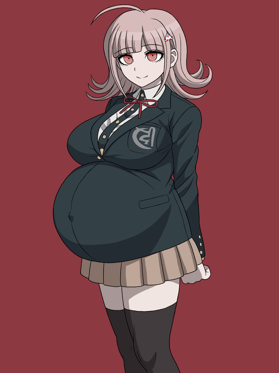 danganronpa, danganronpa (series), danganronpa 2: goodbye despair, fungus-man, looking at viewer, nanami chiaki, pink eyes, pink eyes female, pregnancy, pregnant, pregnant belly, pregnant female, smiling, smiling at viewer