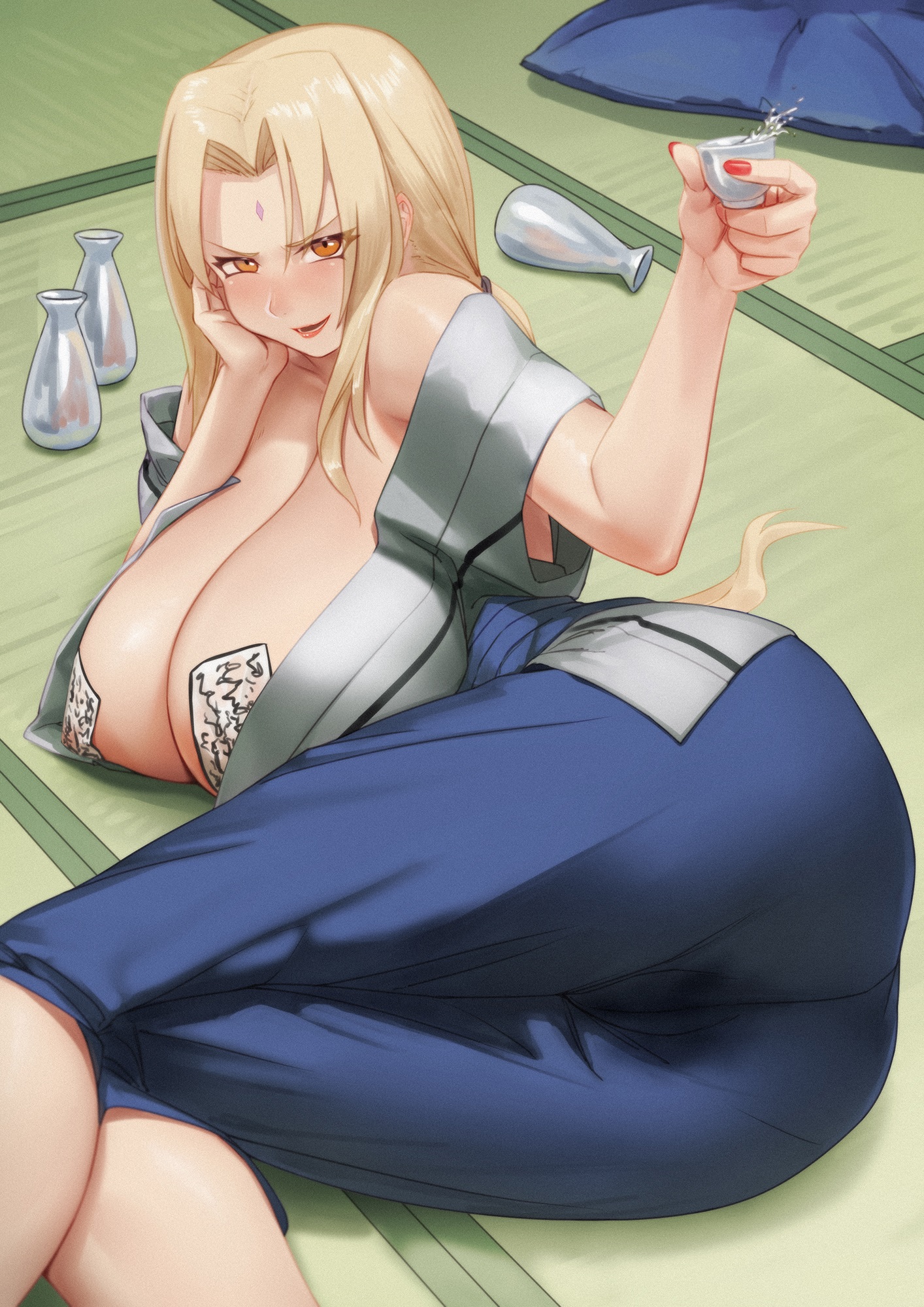 1girl, alcohol, ass, blonde hair, blue pants, blush, bottle, breasts, brown eyes, choko (cup), cleavage, covered nipples, cup, drunk, facial mark, forehead mark, highres, huge breasts, looking at viewer, low twintails, lying, mature female, naruto, naruto (series), naruto shippuden, off shoulder, ofuda, ofuda on nipples, on floor, on side, pants, pasties, pussy juice stain, qingmingtongzi, sake, solo, tokkuri, tsunade, tsunade (naruto), twintails
