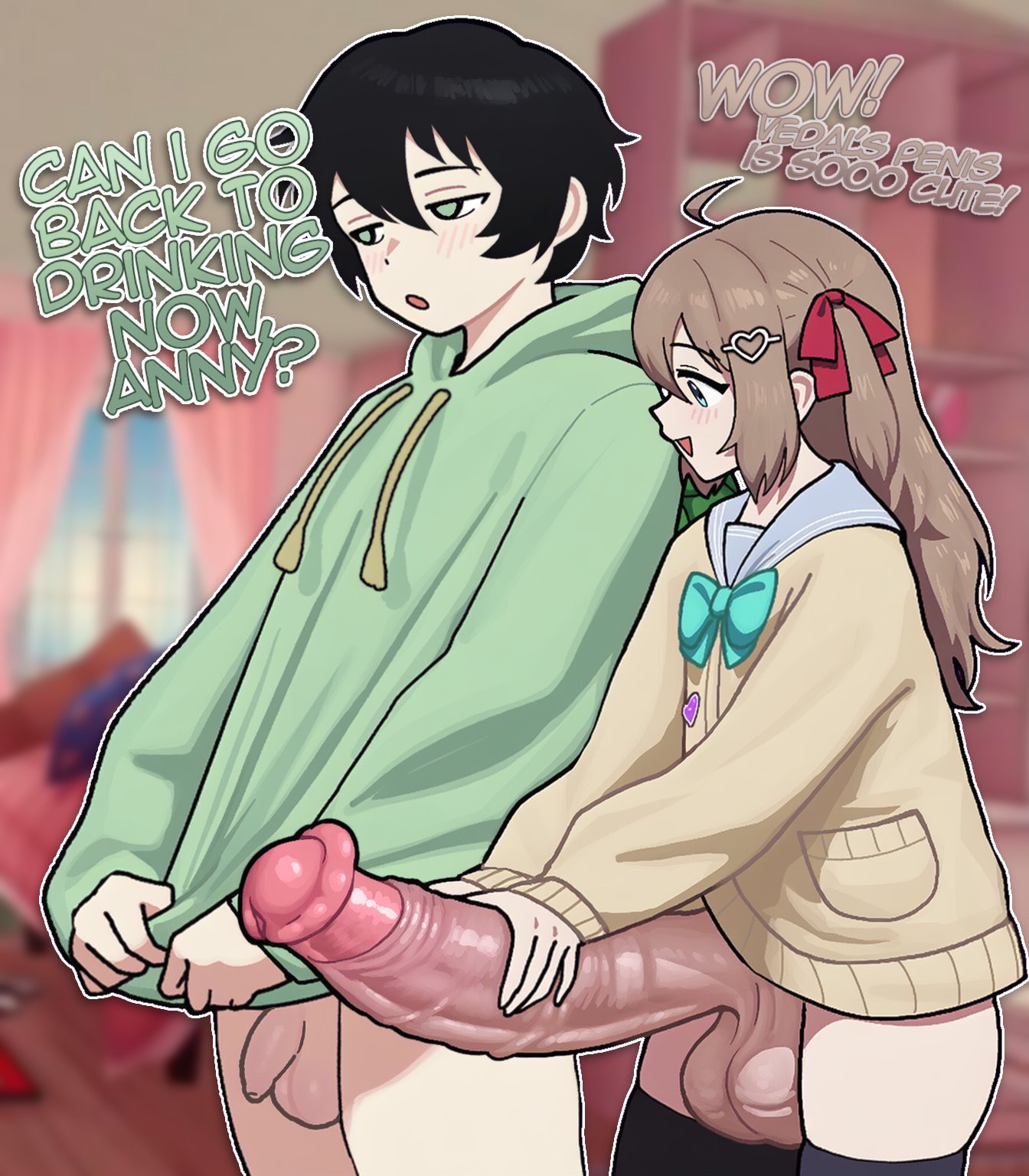 2boys, ai generated, daughter, father and daughter, femboy, femboy is bigger, feminine male, huge cock, hung femboy, lexi (ai), male, neuro-sama, penis size comparison, penis size difference, size difference, small but hung, small penis, small penis humiliation, vedal ai, vedal987, virtual youtuber