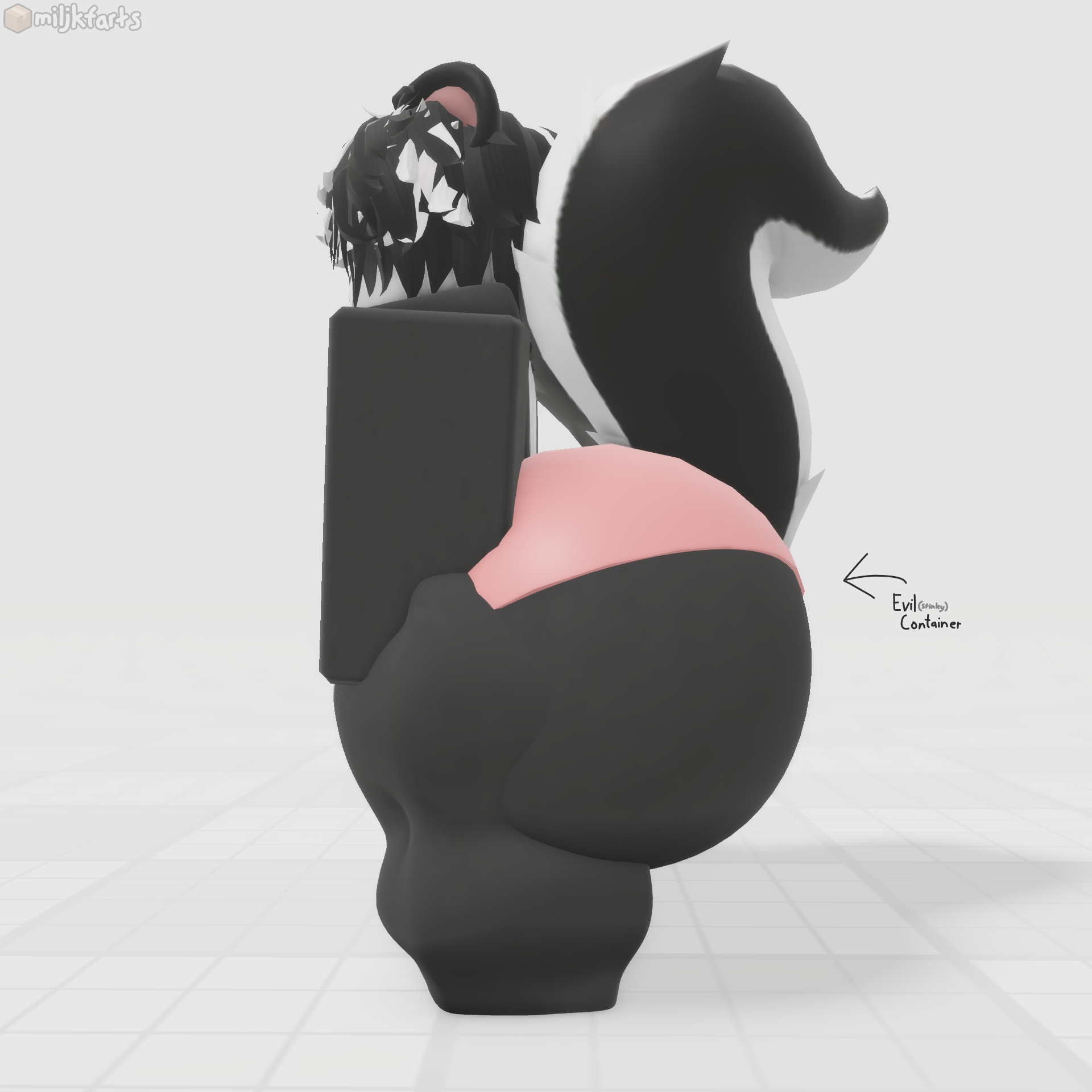 1boy, 3d, artist name, ass, ass bigger than head, big ass, big butt, evil container, furry, huge ass, male, miljkfarts, panties, pink panties, roblox, robloxian, side profile, side view, skunk, skunk ears, skunk tail, skunko (miljkfarts), solo, tagme, thicc, thick ass, watermark